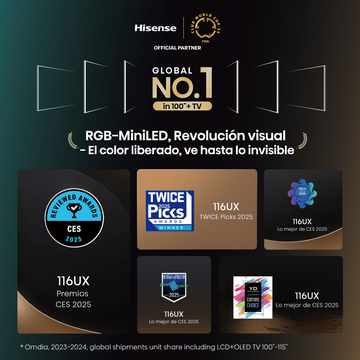 Anuncio de Hisense TV con premios y texto: 'Global No.1', 'RGB-MiniLED'. Incluye premio 'CES 2025' y premio 'TWICE Picks'.