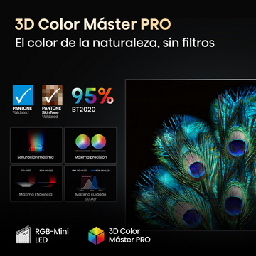 Imagen muestra una pluma de pavo real, con texto sobre tecnología de color 3D y validación de color.