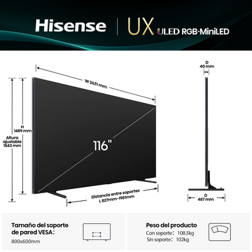 TV Hisense UX ULED Mini-LED. Se muestran dimensiones y especificaciones. Pantalla negra con medidas y detalles.