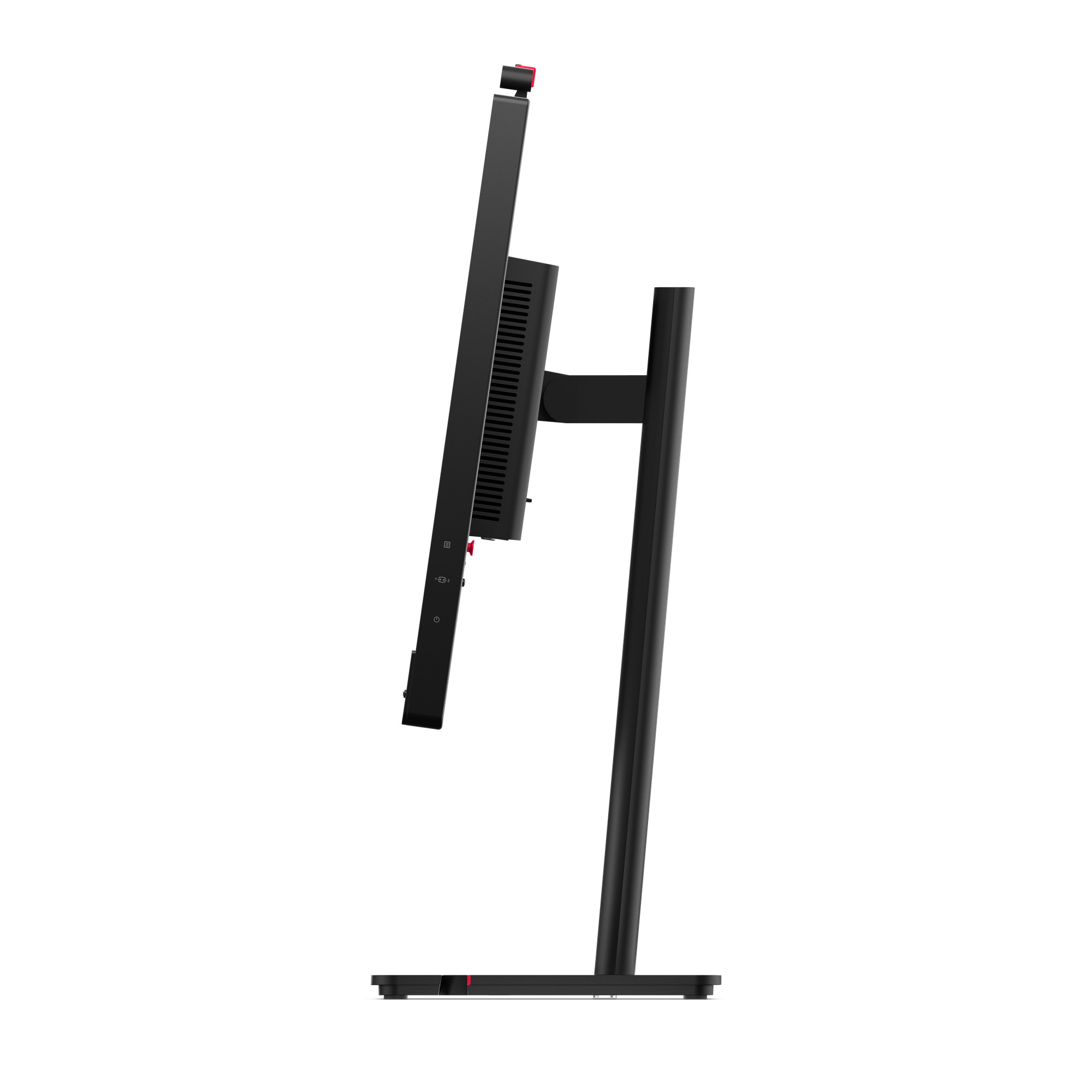 Ein schwarzer Computermonitor wird von der Seite gezeigt. Er steht auf einem Ständer und hat einen roten Akzent.
