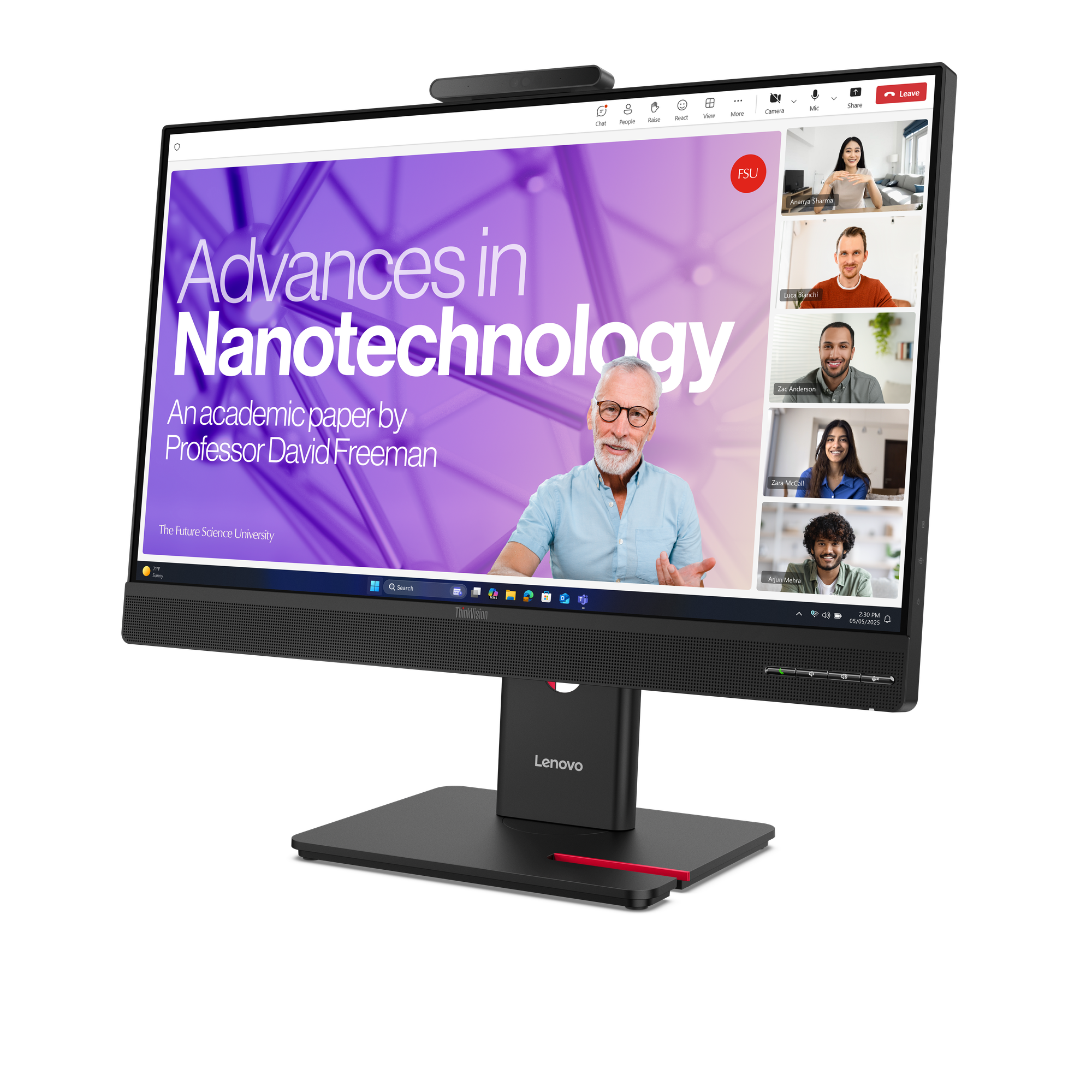 Ein Lenovo-Monitor zeigt einen Videoanruf. Der Bildschirm zeigt eine Präsentation über Nanotechnologie und mehrere Teilnehmer.