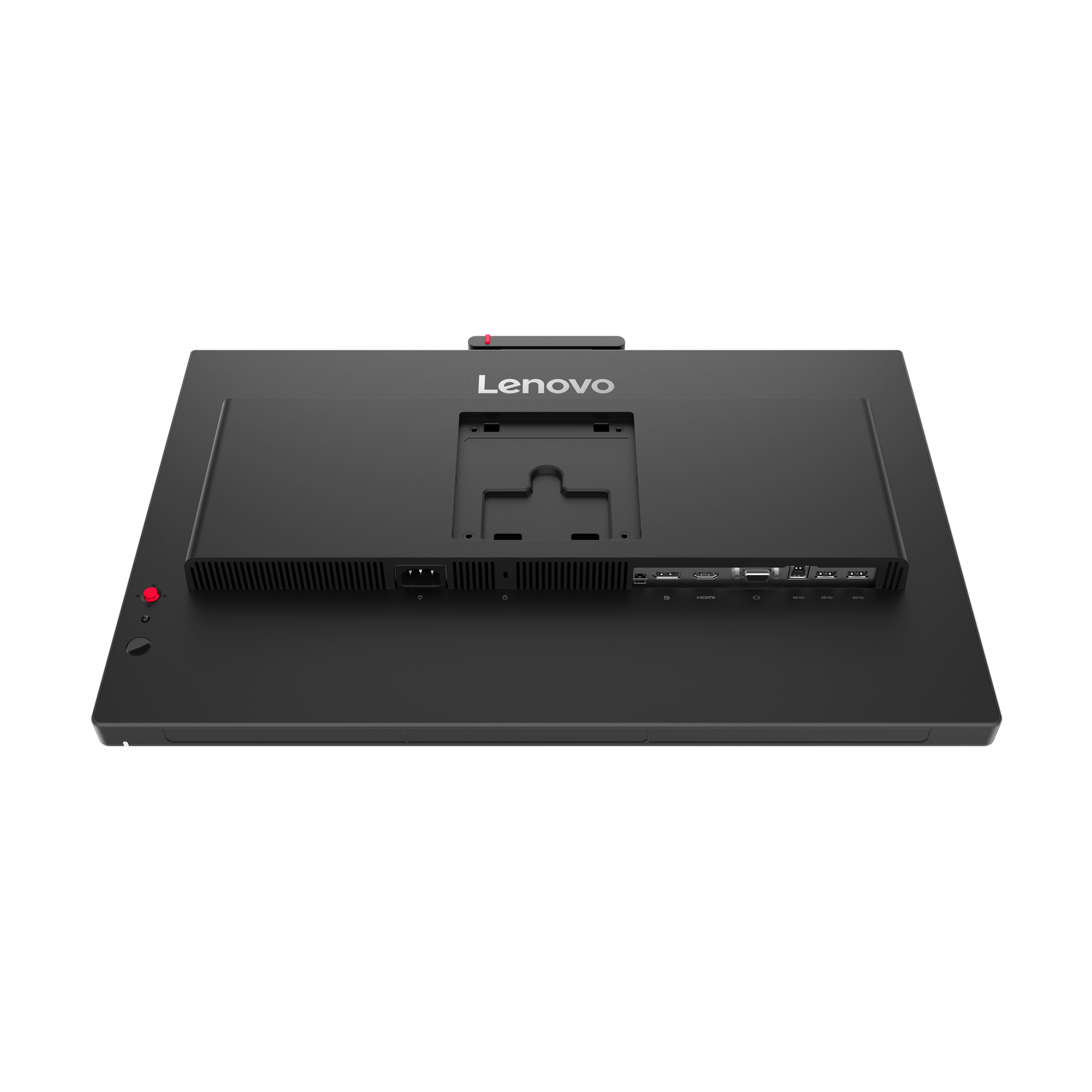 Rückansicht eines schwarzen Lenovo-Monitors. Merkmale: Anschlüsse, Stromeingang und das Lenovo-Logo. Der Hintergrund ist schwarz.