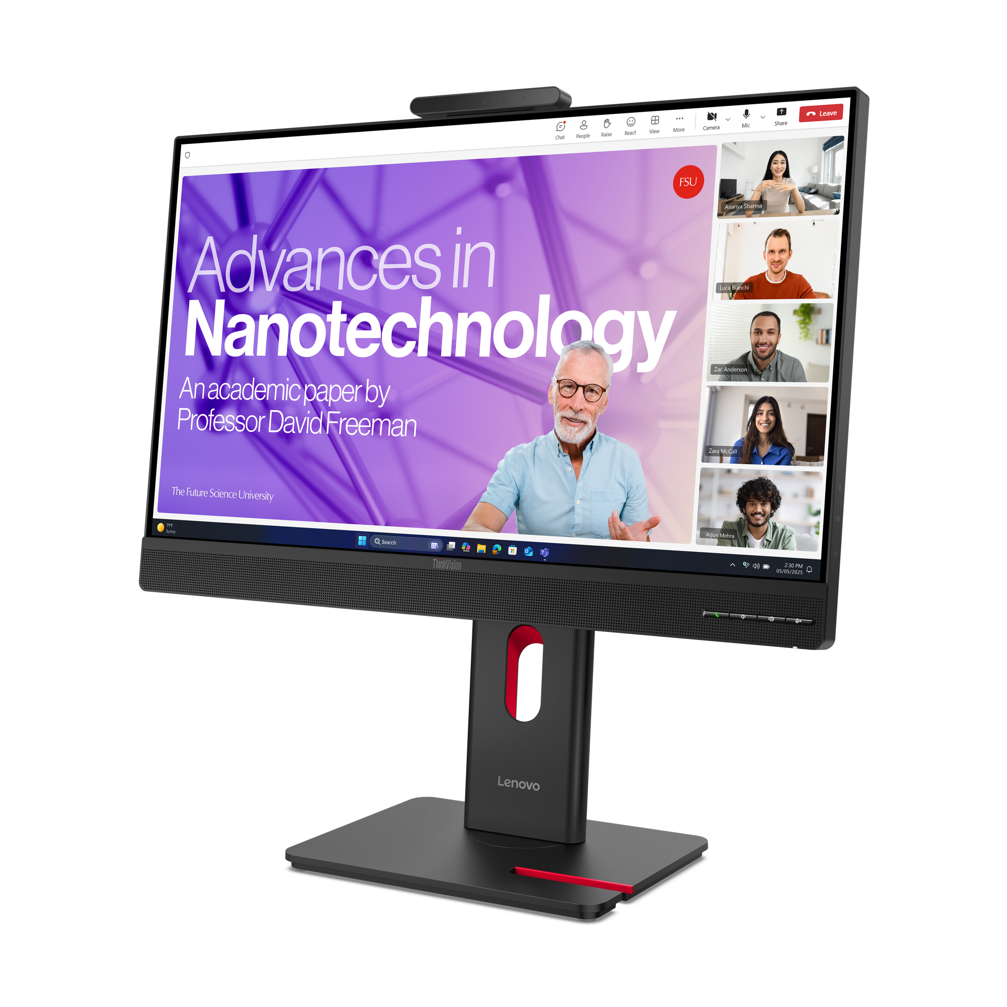 Lenovo-Monitor, der einen Videoanruf mit einer Präsentation über Nanotechnologie anzeigt. Mehrere Teilnehmer sind sichtbar.