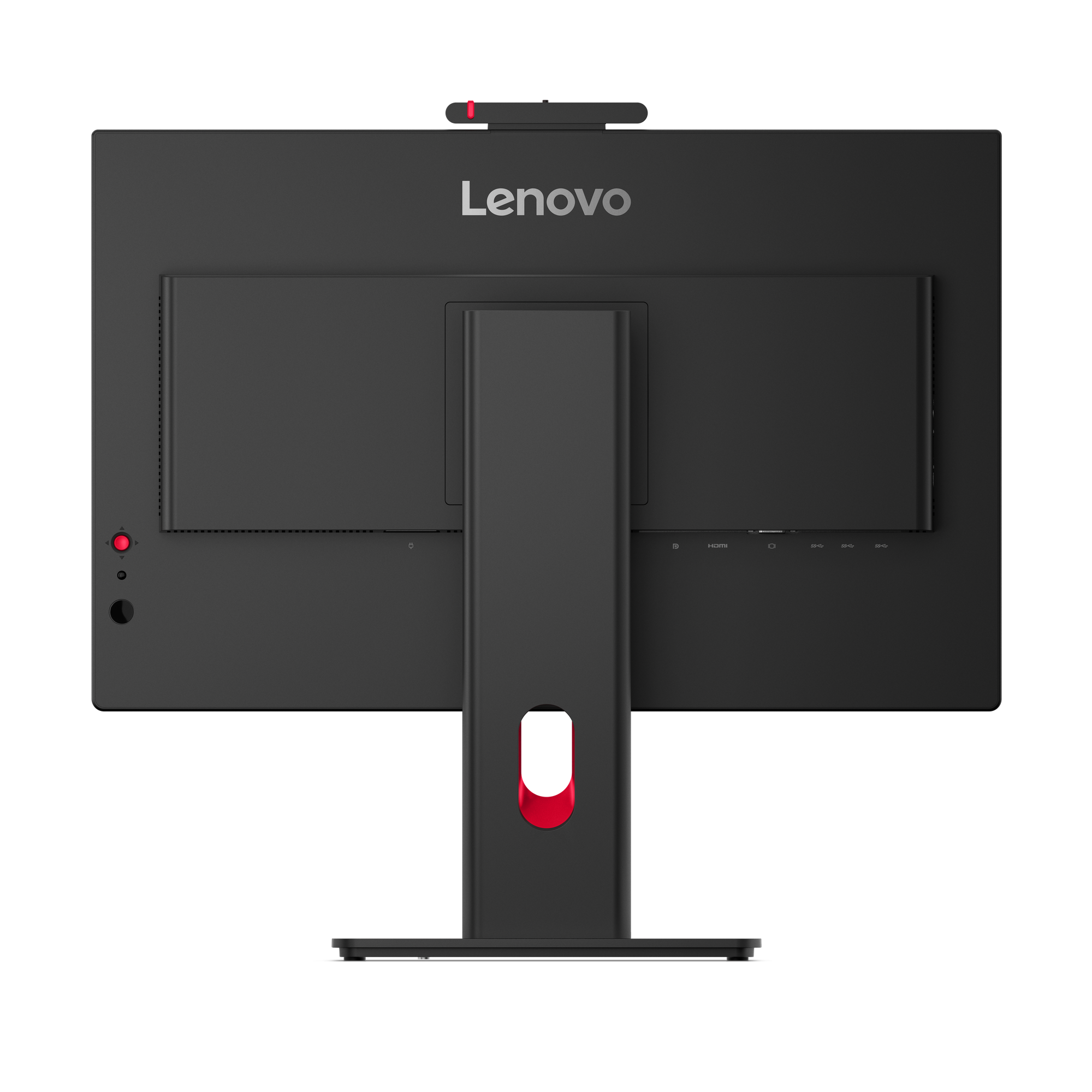 Rückseite eines schwarzen Lenovo-Monitors. Er hat einen roten Akzent am Ständer und eine Webcam oben.