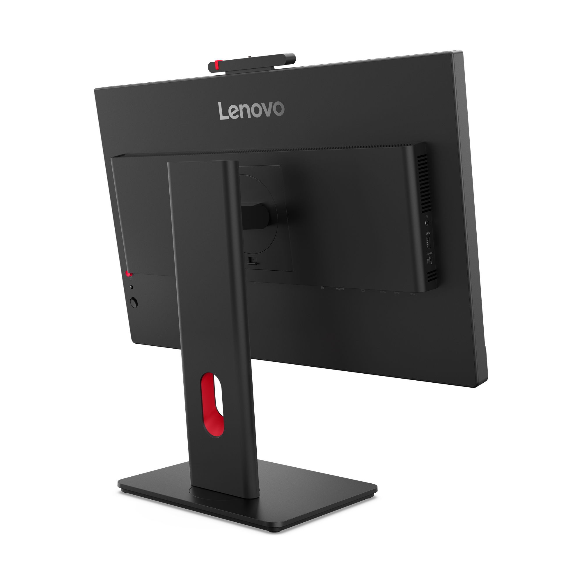 Rückansicht eines schwarzen Lenovo-Monitors mit roter Akzentuierung am Ständer. Webcam oben. Anschlüsse sichtbar.