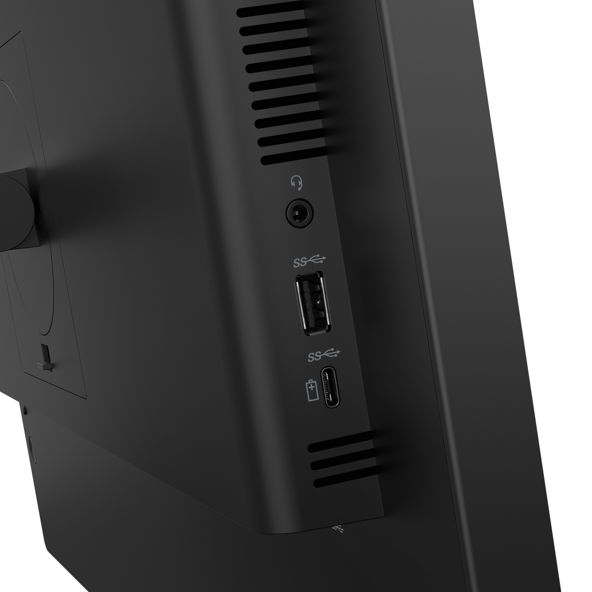 Nahaufnahme der Seite eines schwarzen Computers mit Anschlüssen: Kopfhöreranschluss, USB und USB-C. Schwarzer Hintergrund, Schatten an der Seite.
