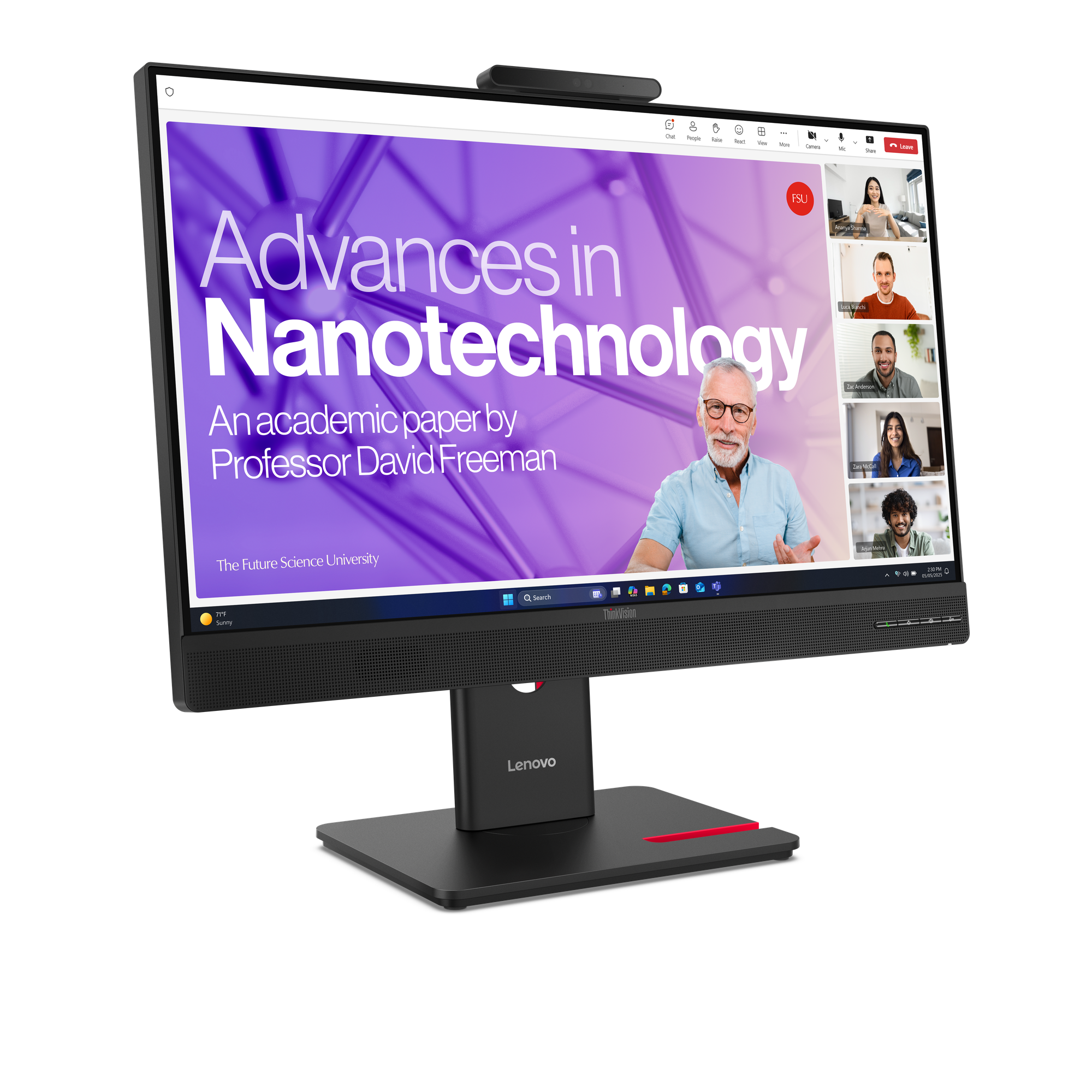 Ein Lenovo-Monitor zeigt eine Videokonferenz und Präsentation über Nanotechnologie. Der Präsentator ist ein älterer Mann.