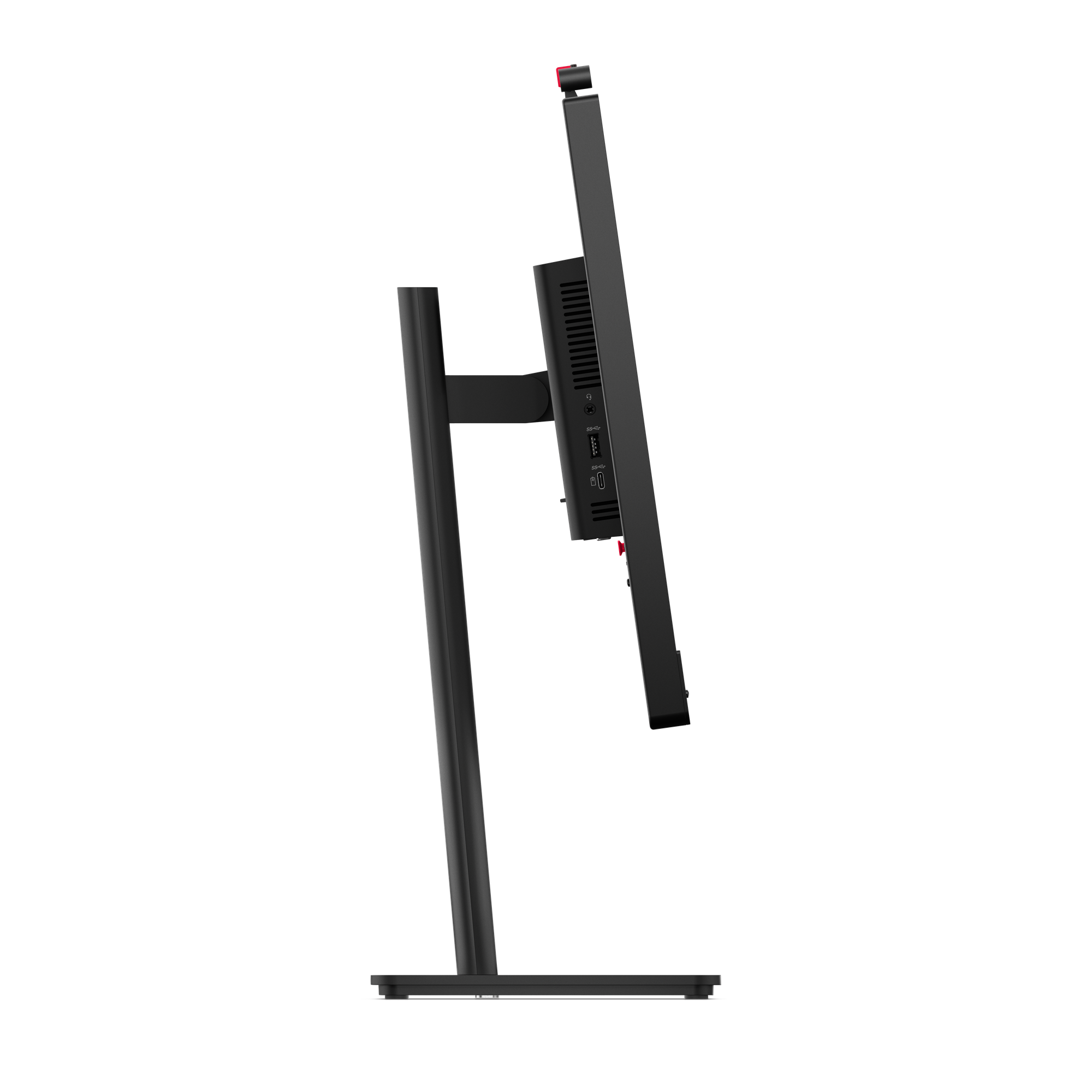 Seitenansicht eines schwarzen Computermonitors auf einem schwarzen Ständer. Rote Akzente sind oben und unten sichtbar.
