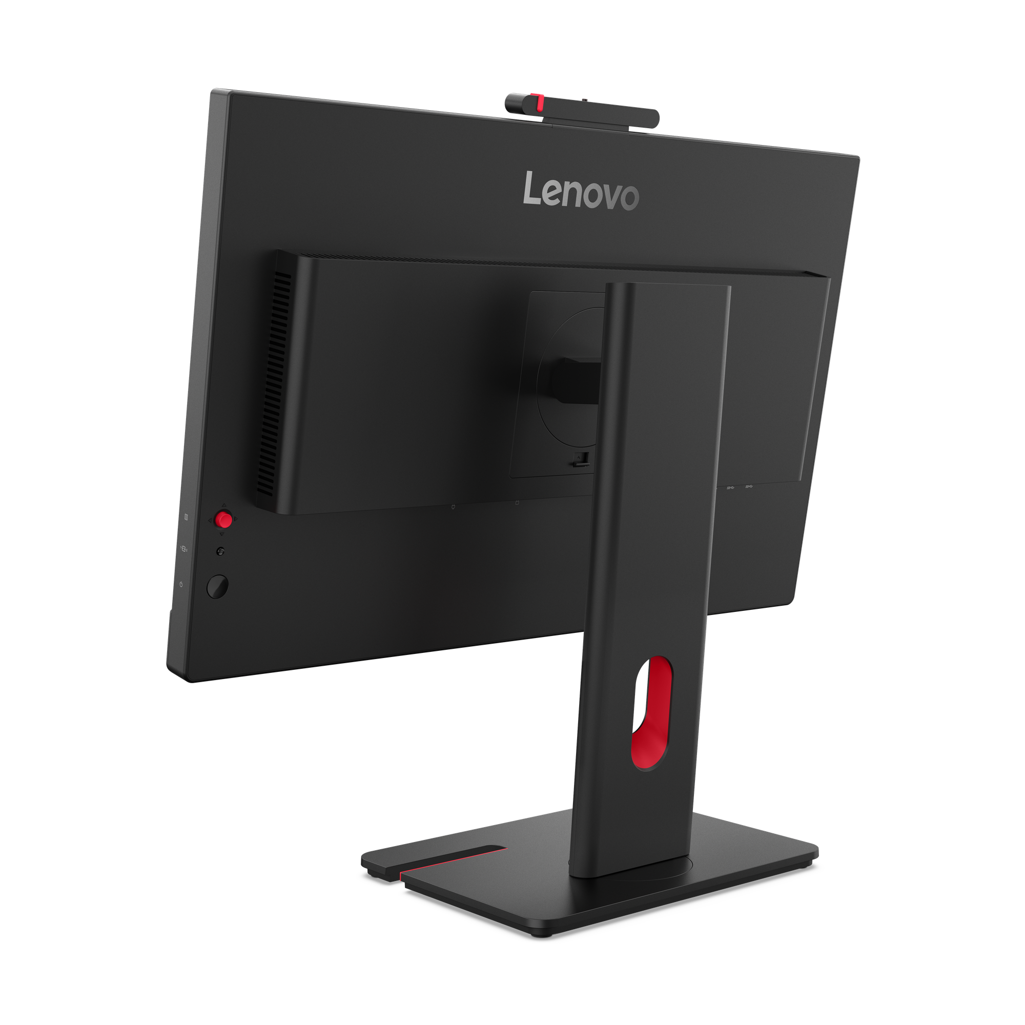 Schwarzer Lenovo All-in-One-PC-Rückansicht. Verfügt über eine Webcam, rote Akzente und einen Ständer auf schwarzer Oberfläche. Das Lenovo-Logo ist sichtbar.