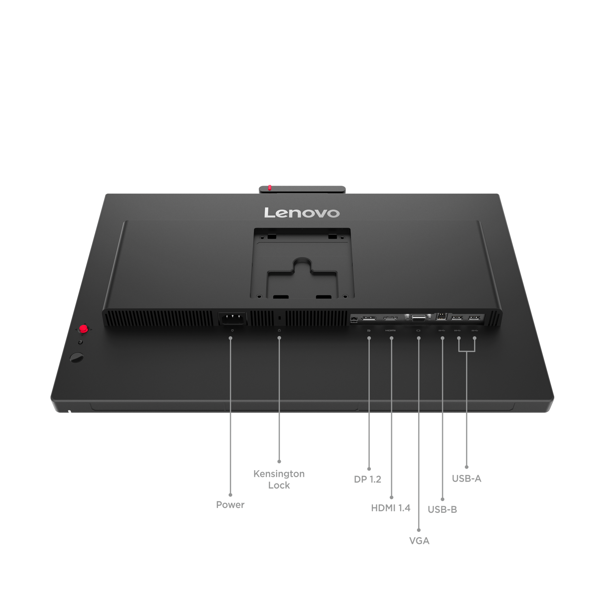 Rückseite des schwarzen Lenovo-Monitors mit Anschlüssen: Strom, Kensington-Schloss, DP 1.2, HDMI 1.4, USB-A, USB-B, VGA.