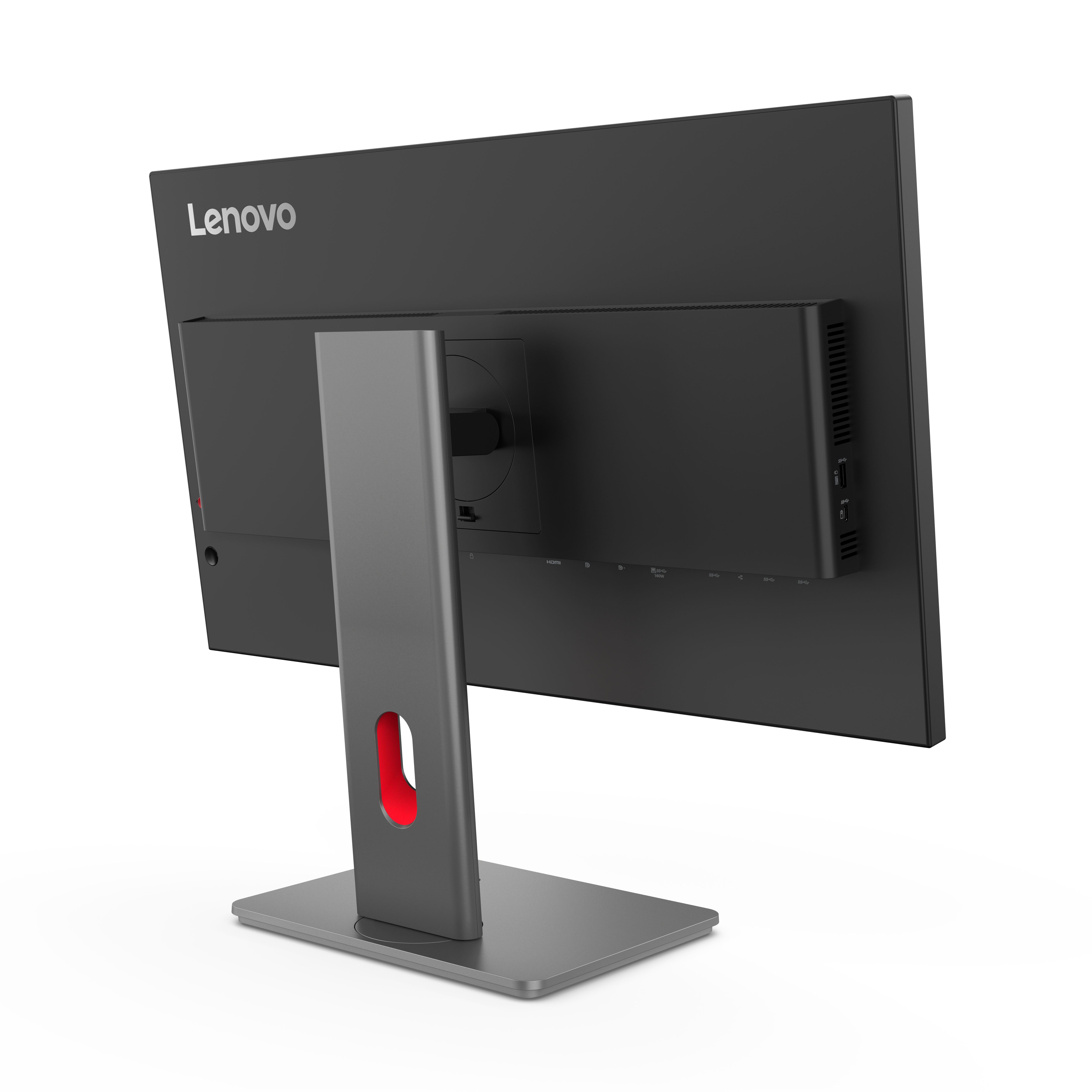 Rückansicht eines Lenovo-Monitors. Grauer Ständer mit rotem Akzent. Schwarzer Bildschirm mit Lenovo-Logo. Anschlüsse sichtbar.
