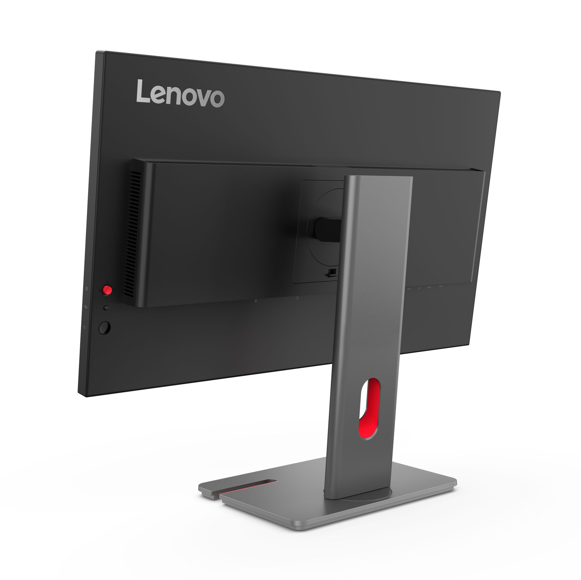 Rückansicht eines Lenovo-Monitors. Schwarzer Bildschirm und Rahmen, silberner Ständer mit roten Akzenten.