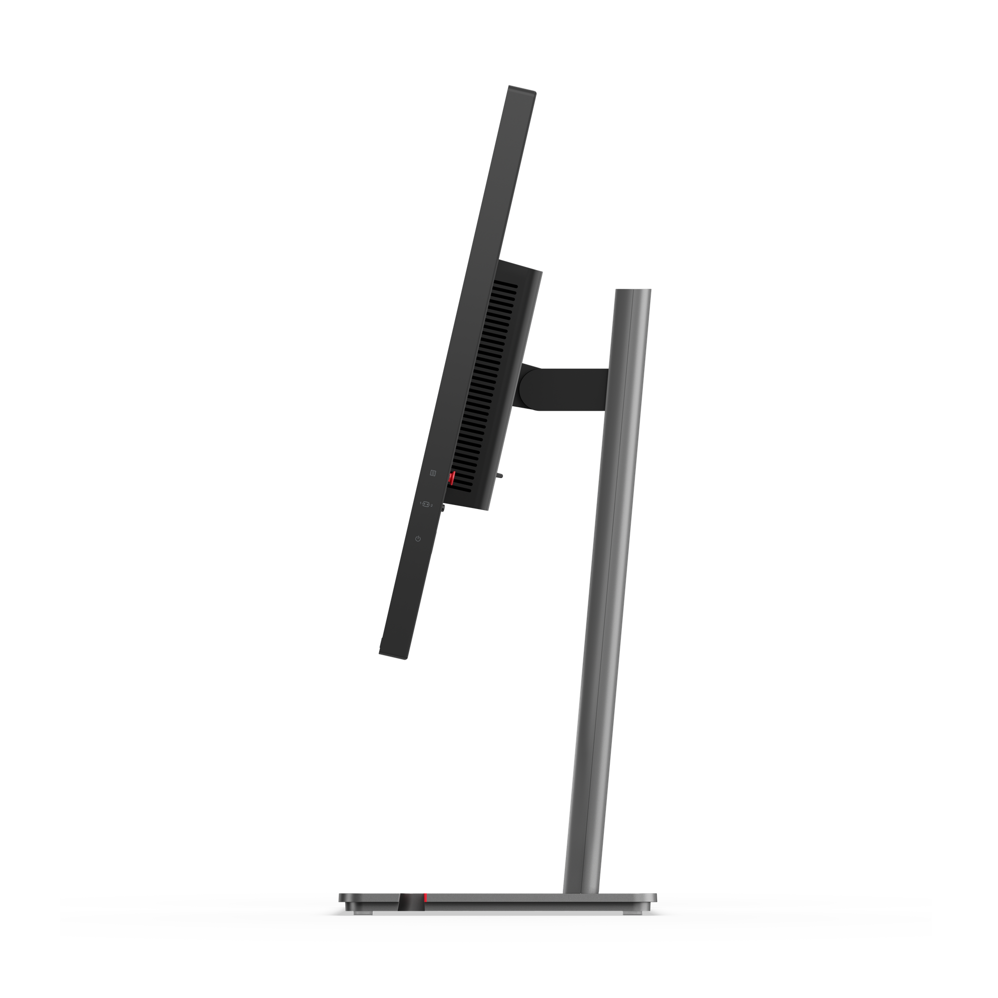 Seitenansicht eines schwarzen Computermonitors mit silbernem Ständer vor schwarzem Hintergrund. Der Monitor ist abgewinkelt.