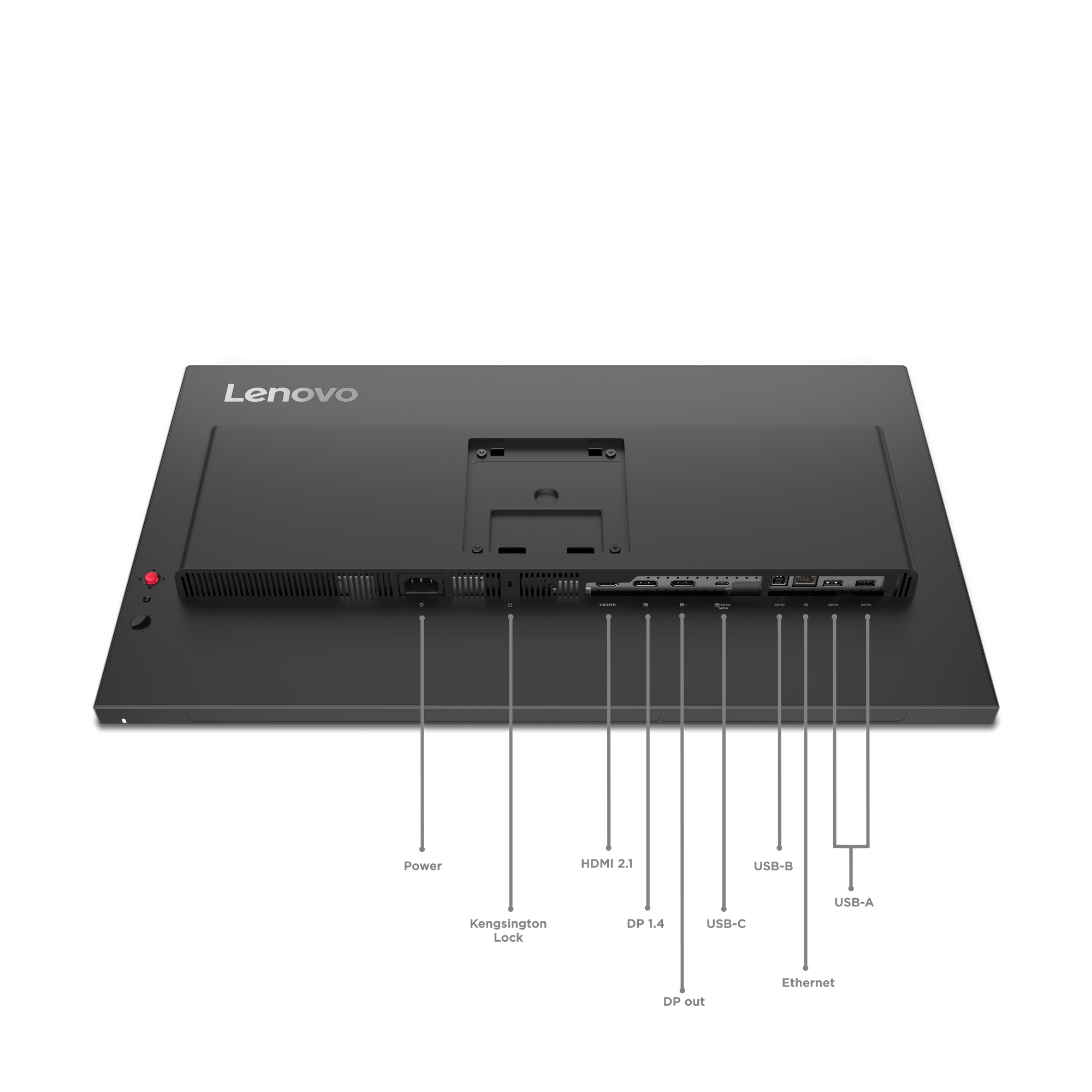 Rückansicht eines Lenovo-Monitors mit Power-, HDMI-, USB- und anderen Anschlüssen. Schwarzer Hintergrund.