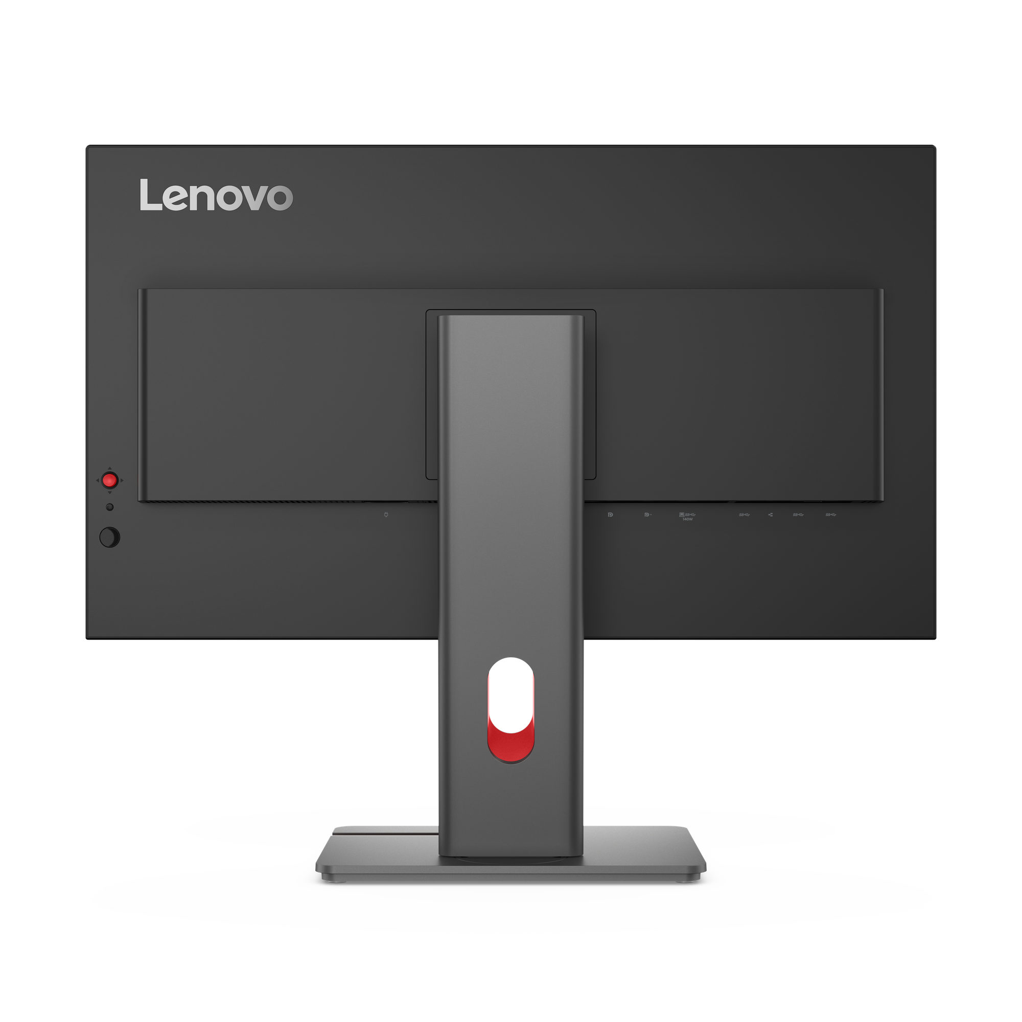 Rückansicht eines Lenovo-Monitors. Er ist dunkelgrau mit einem roten Akzent. Der Ständer ist sichtbar.