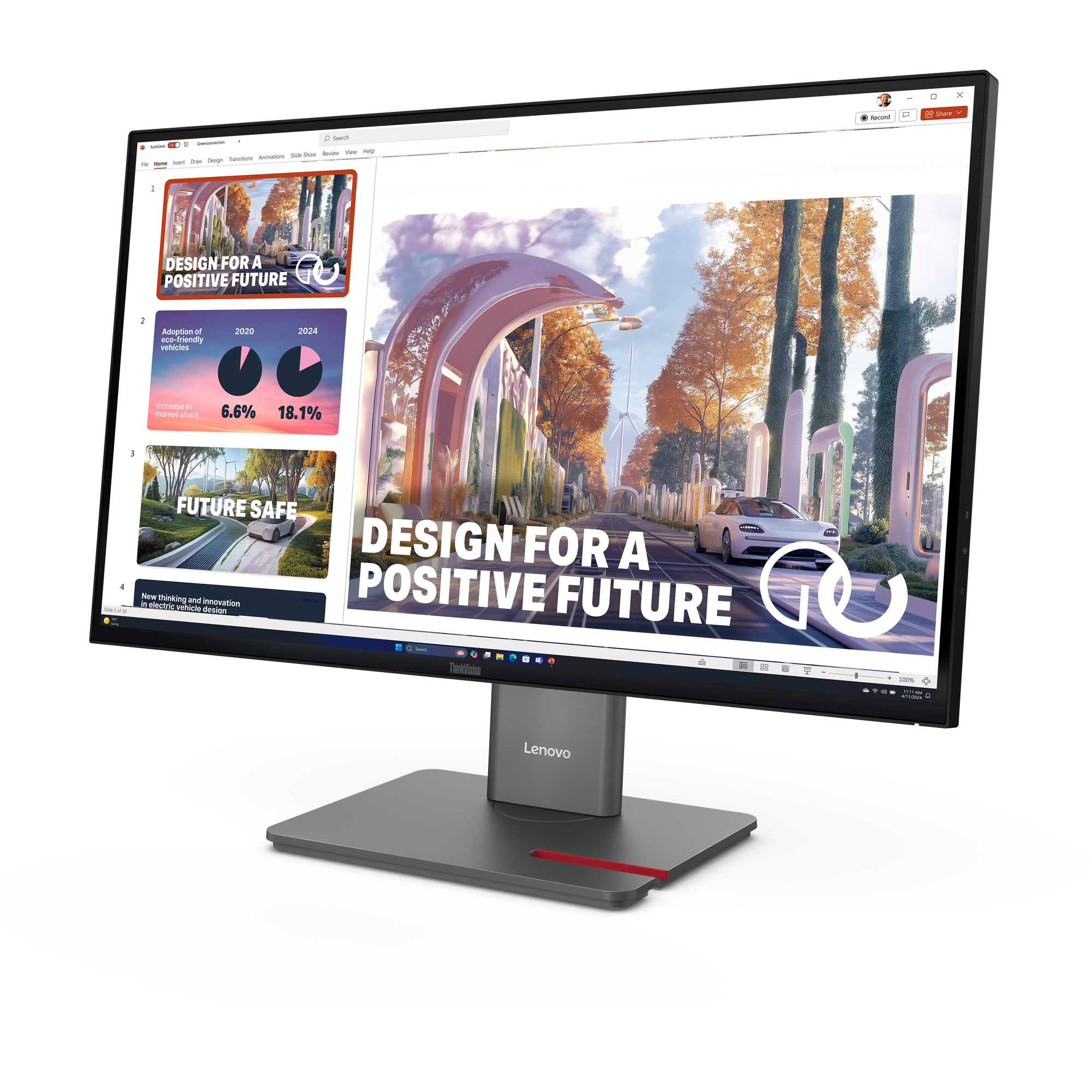 Ein Lenovo-Monitor zeigt eine Präsentation über zukunftssicheres Design. Der Bildschirm zeigt Diagramme und ein futuristisches Auto.