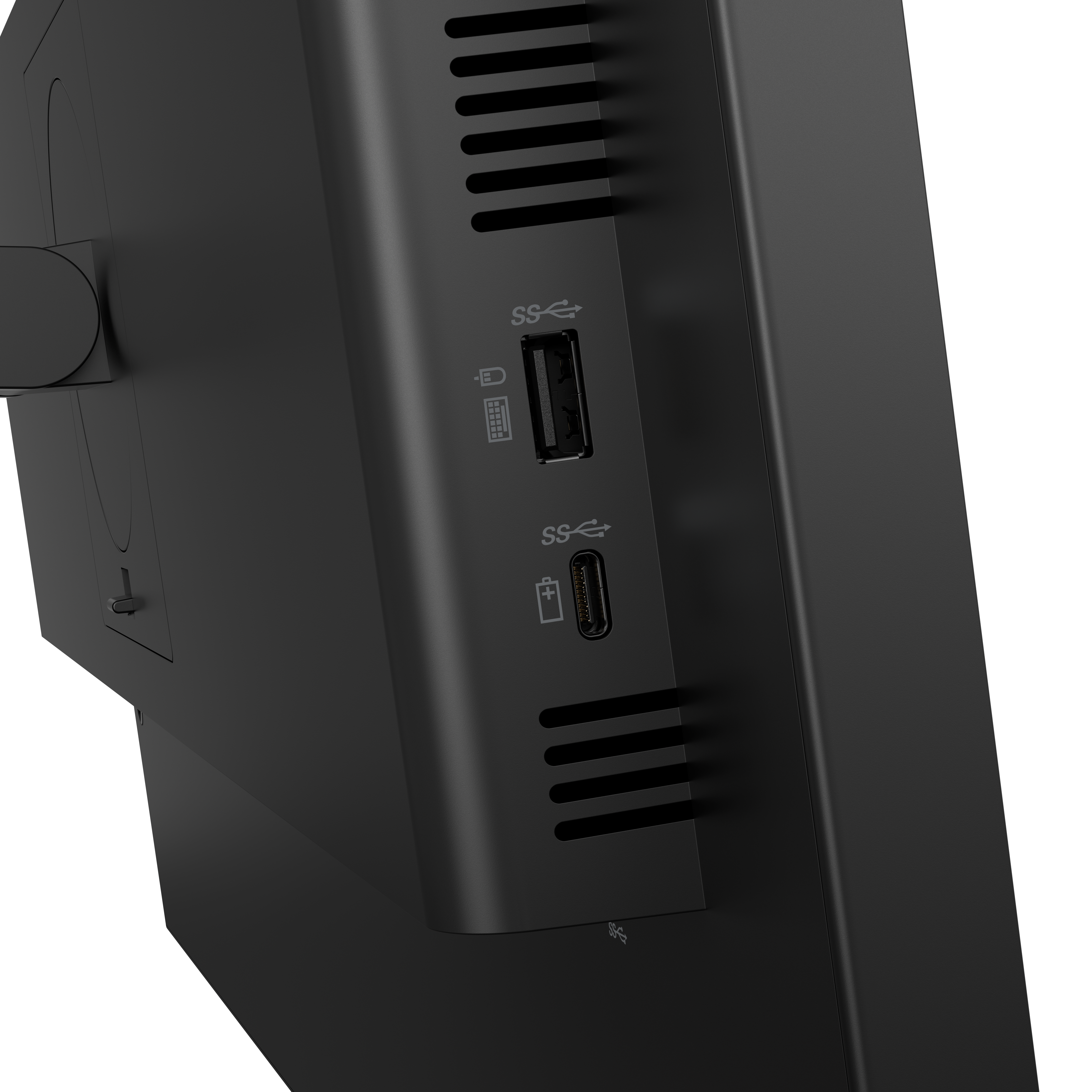 Nahaufnahme eines schwarzen Geräts mit Anschlüssen, darunter USB und USB-C, die mit Symbolen und Text beschriftet sind. Vertikale Lüftungsschlitze sind vorhanden.
