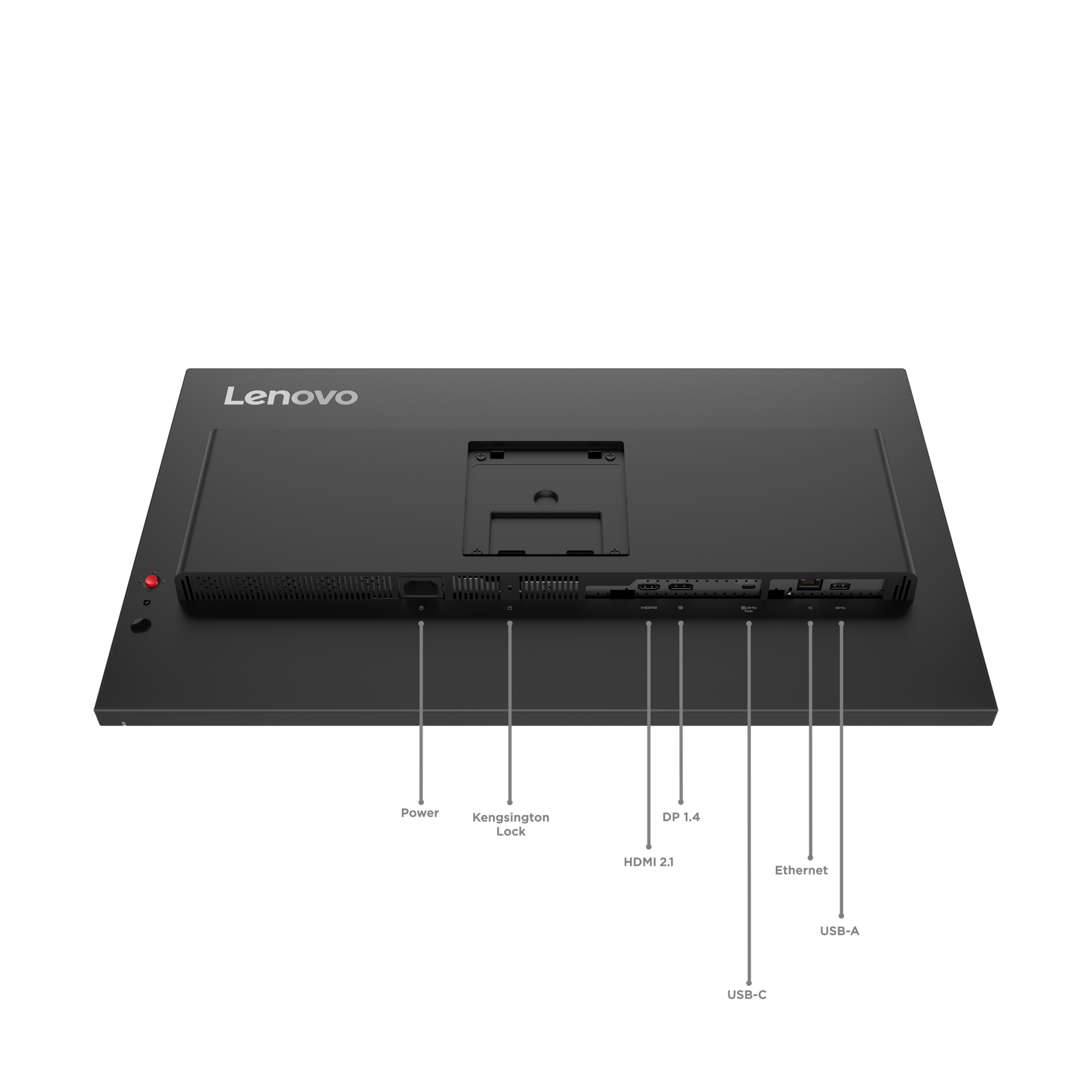 Rückseite eines schwarzen Lenovo-Monitors. Anschlüsse: Strom, Kensington, HDMI, DP, Ethernet und USB.