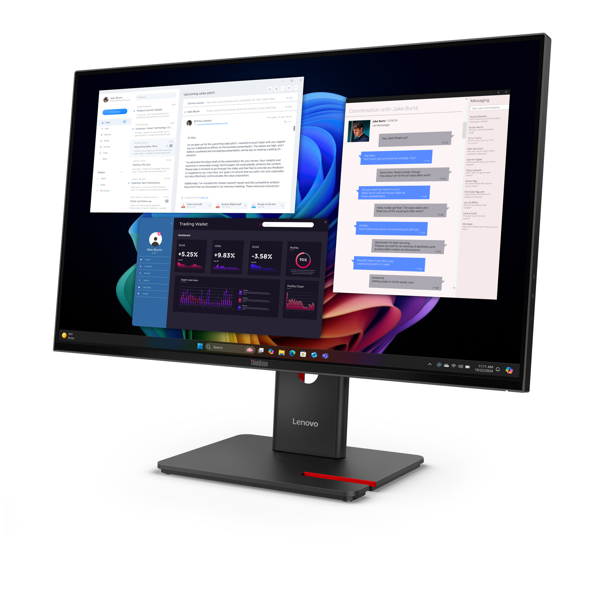 Ein Lenovo-Monitor zeigt E-Mails, Diagramme und eine Messaging-App. Der Bildschirm zeigt einen sonnigen Tag und Uhrzeit.