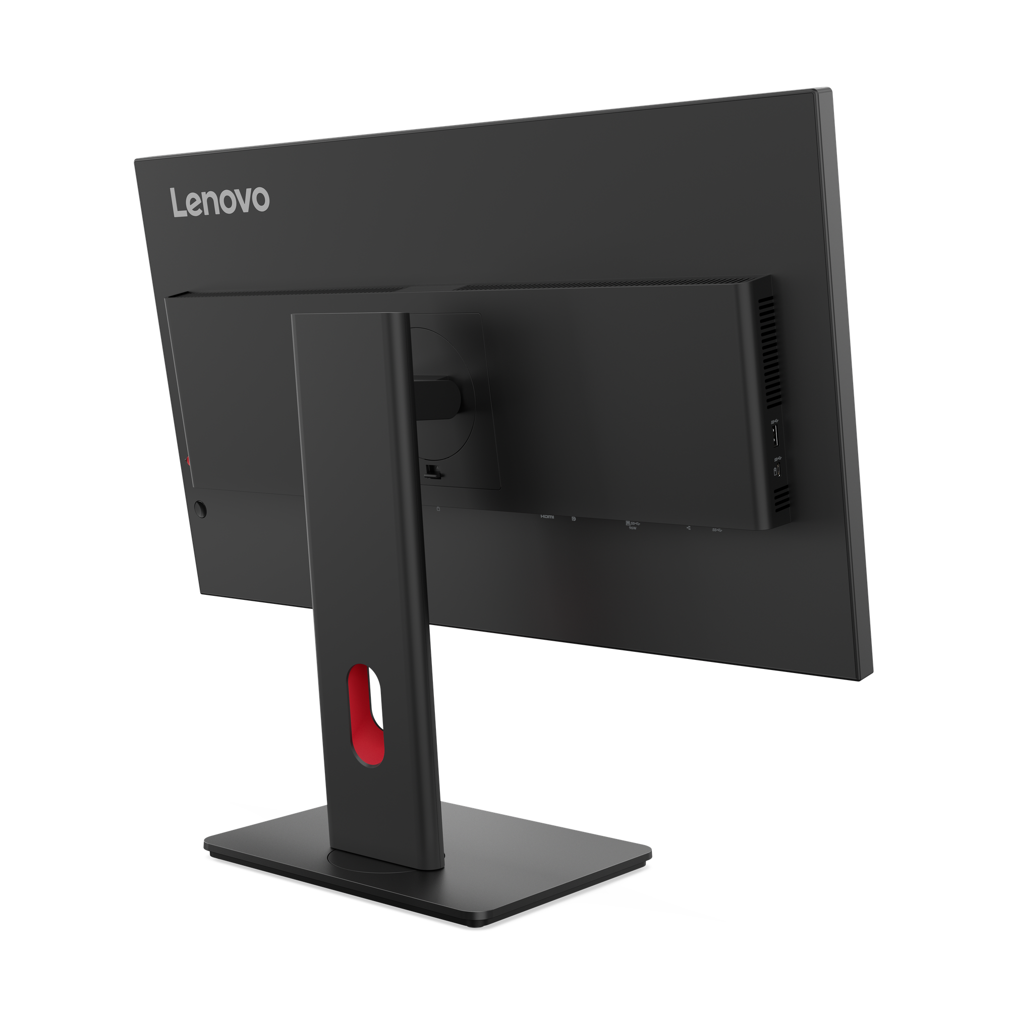 Rückansicht eines schwarzen Lenovo-Monitors. Er hat einen roten Akzent am Ständer. Anschlüsse sind sichtbar.