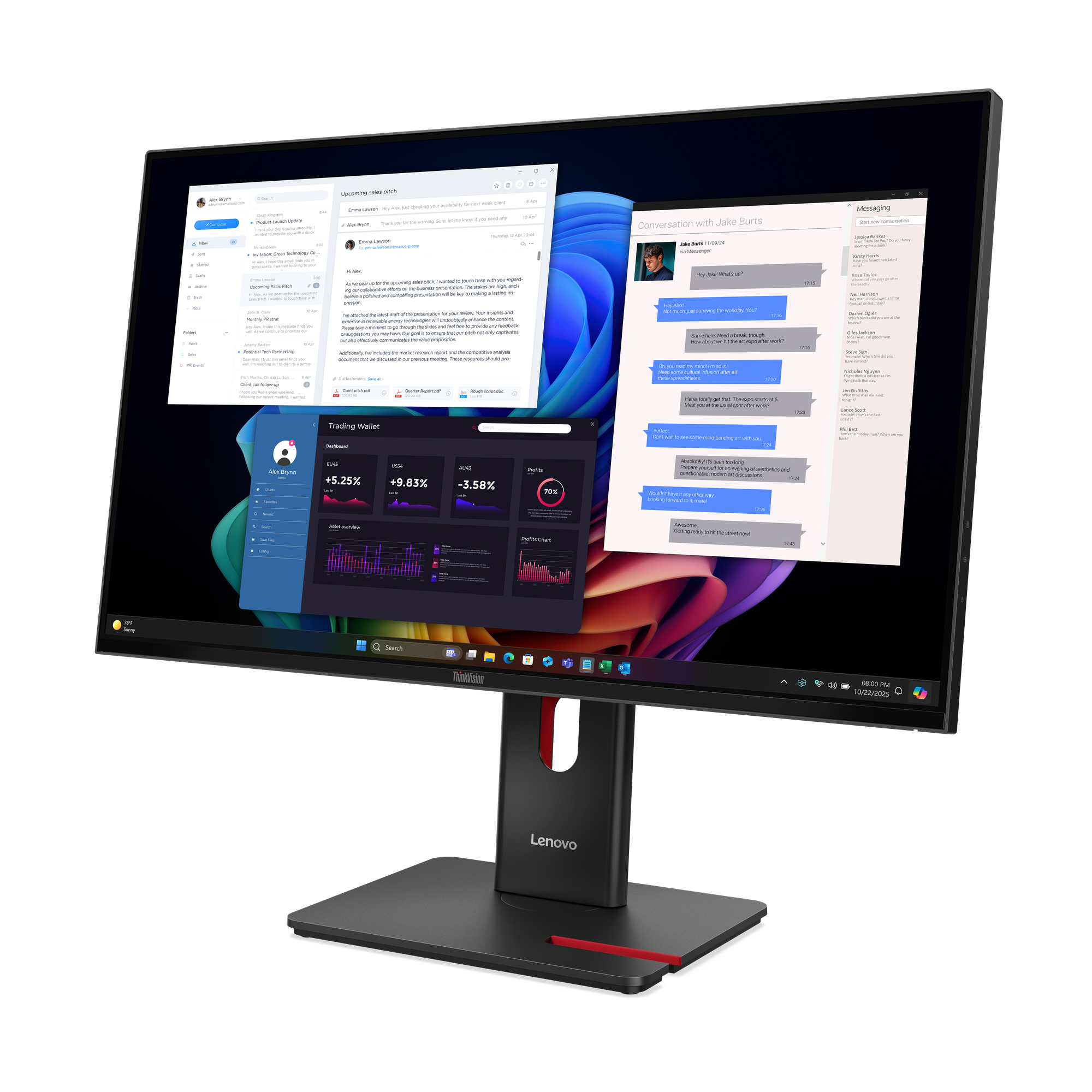 Monitor zeigt E-Mails, Chats und Finanzdaten an. Ein Lenovo-Monitor steht auf einem Schreibtisch.