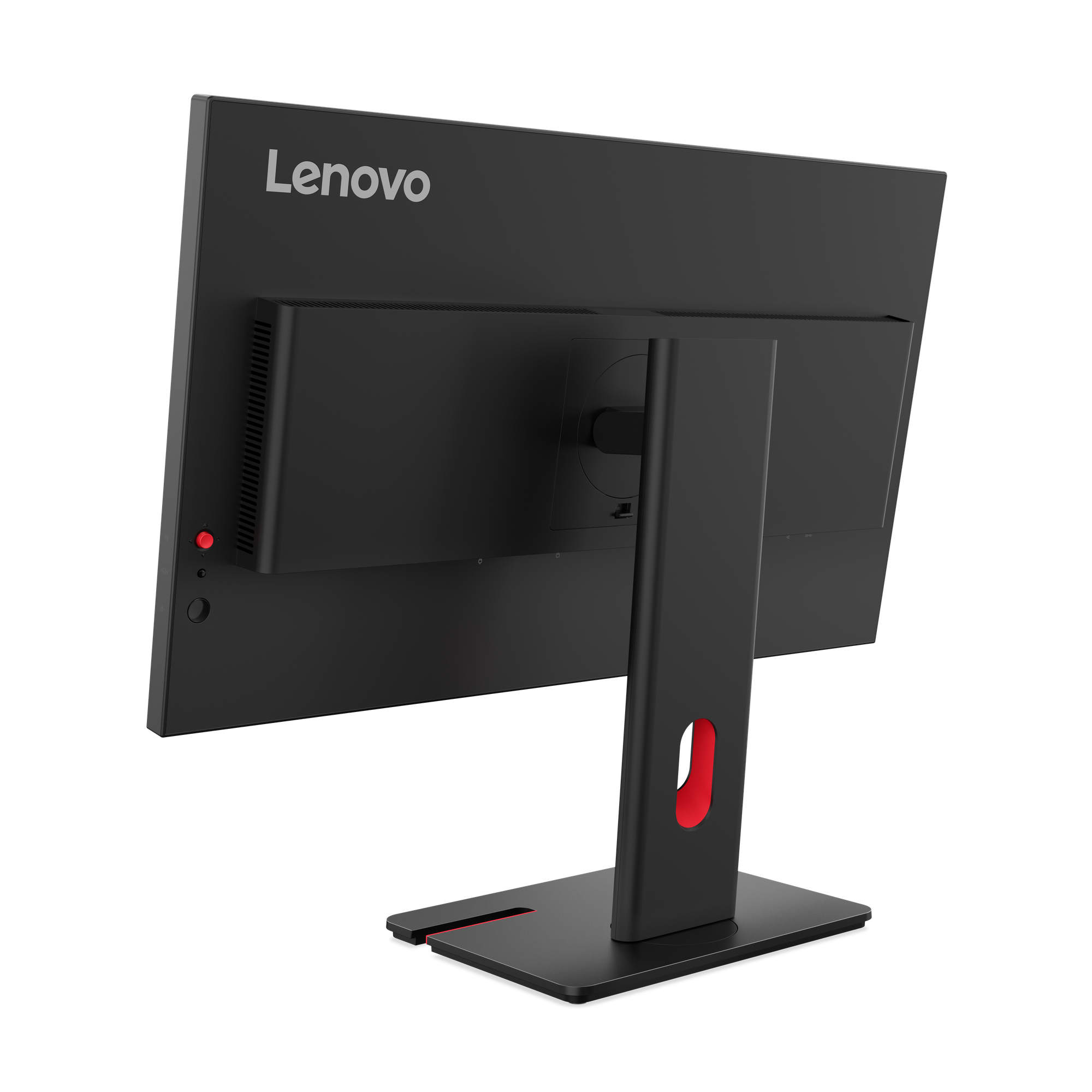 Rückansicht eines schwarzen Lenovo-Monitors. Rote Akzente an Ständer und Knöpfen. Der Monitor steht auf schwarzem Untergrund.