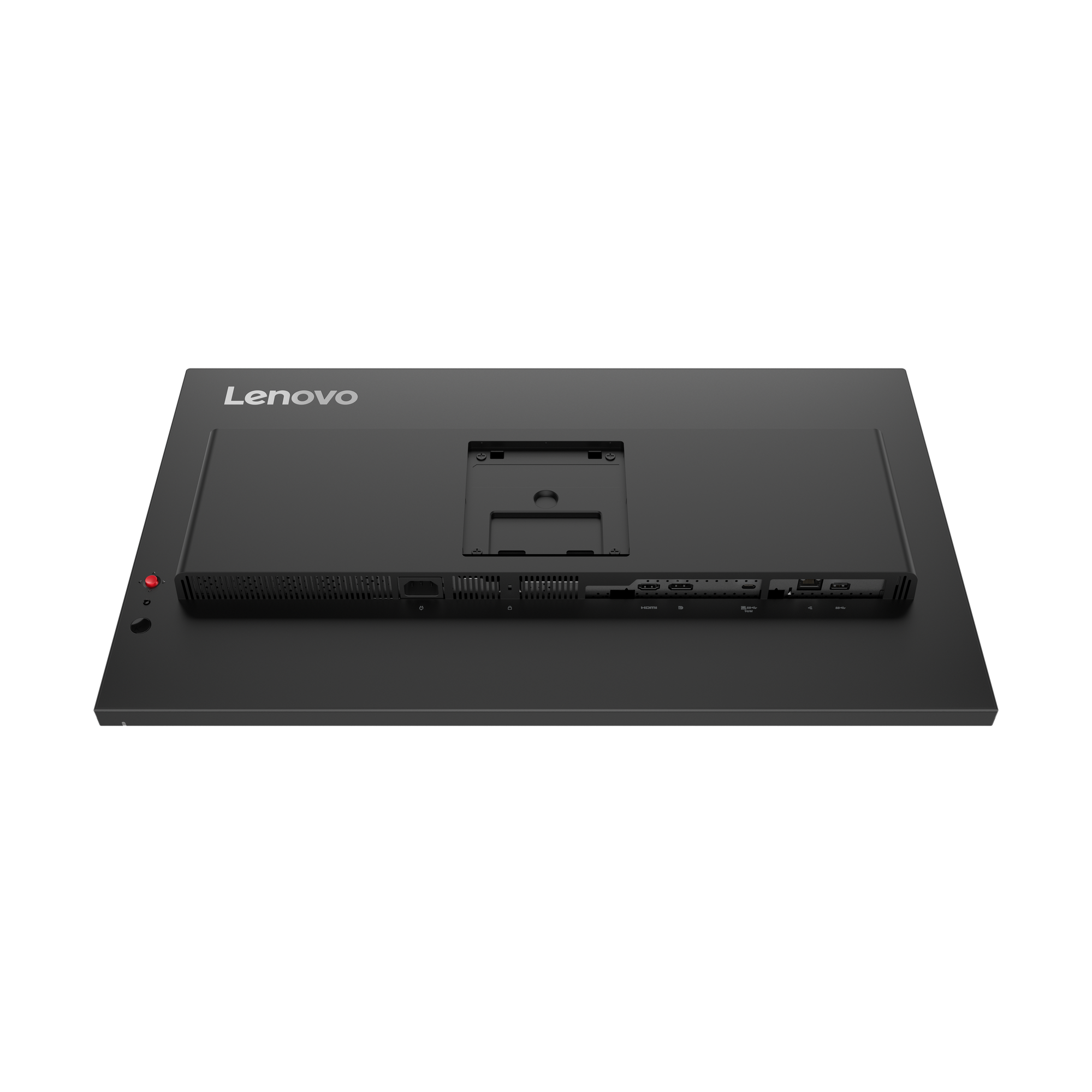 Rückansicht eines schwarzen Lenovo-Monitors auf schwarzer Oberfläche. Anschlüsse und Power-Tasten sind sichtbar.