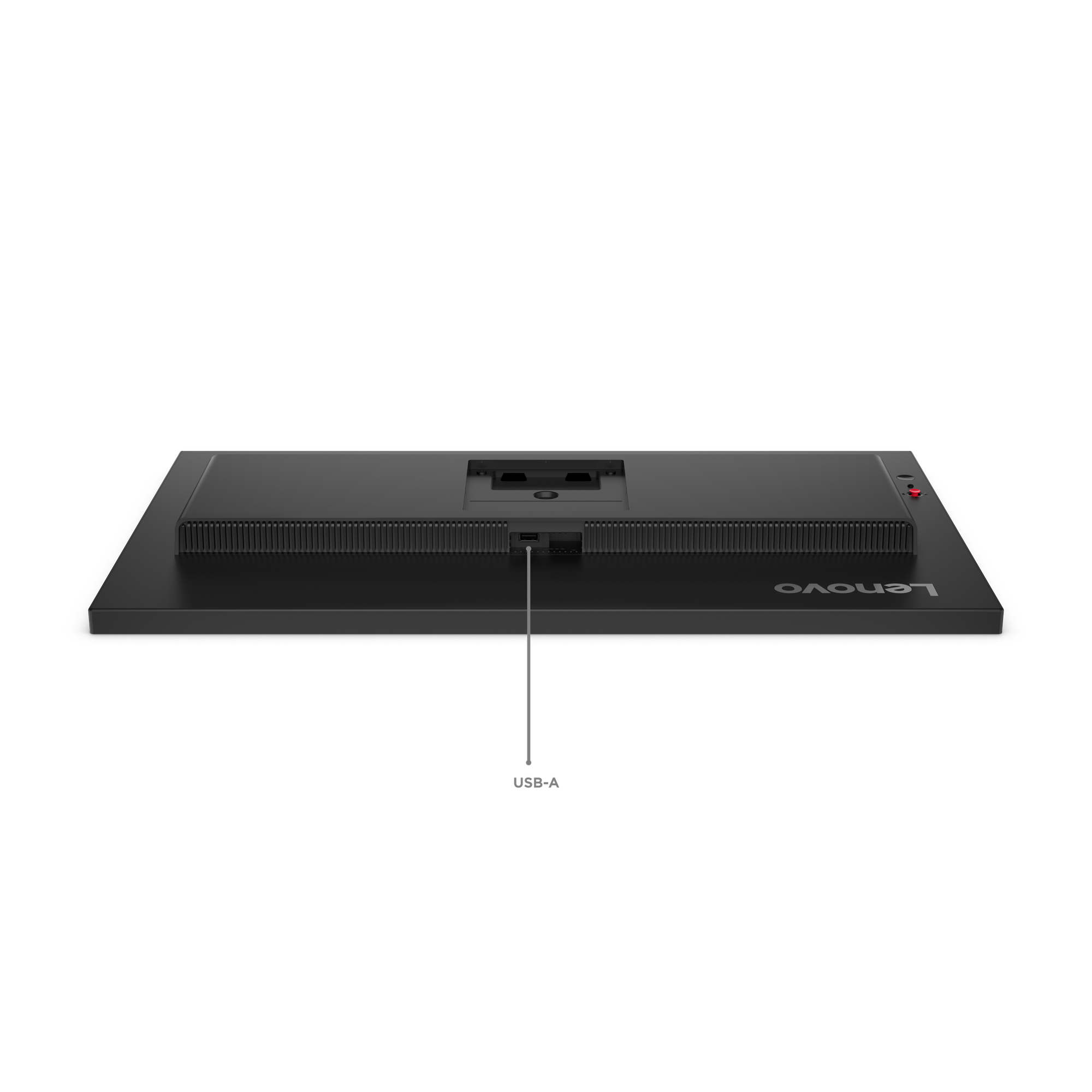 Schwarze Lenovo Monitorrückseite mit Anschlüssen und USB-A-Anschluss. Lenovo-Logo sichtbar. Rotes Kontrolllicht rechts.