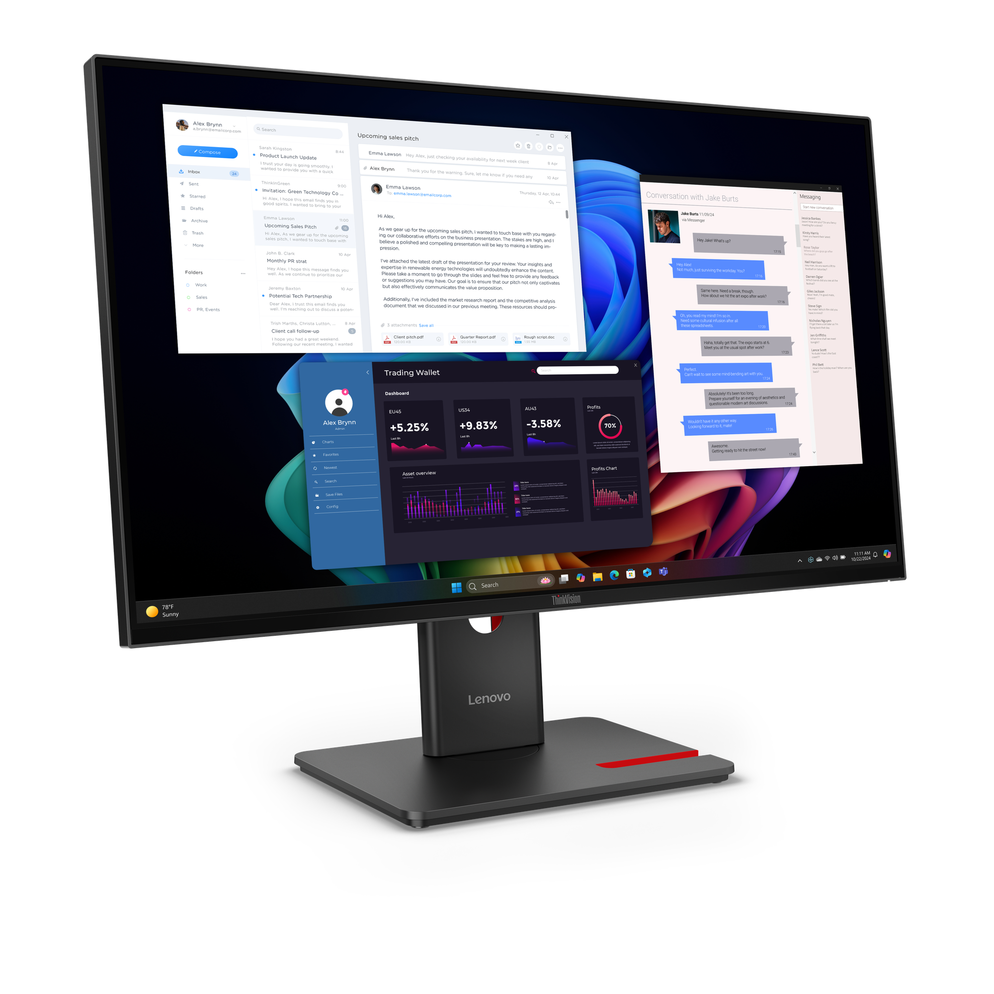 Ein Monitor zeigt E-Mails, Diagramme und ein Chatfenster. Unten befindet sich ein Lenovo-Logo.