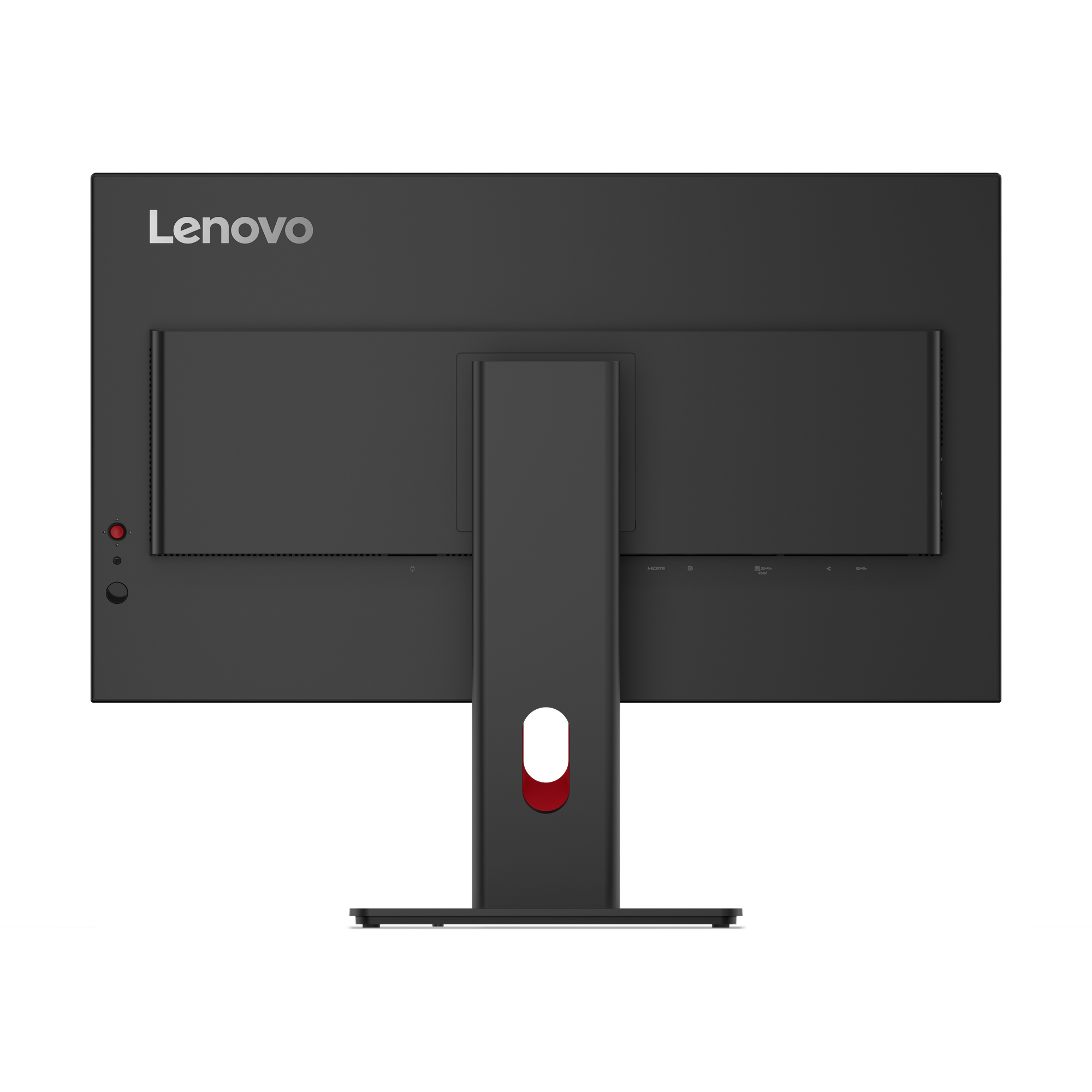 Rückseite eines schwarzen Lenovo-Monitors. Er hat einen Ständer mit rotem Akzent, Anschlüssen und einem Netzschalter.