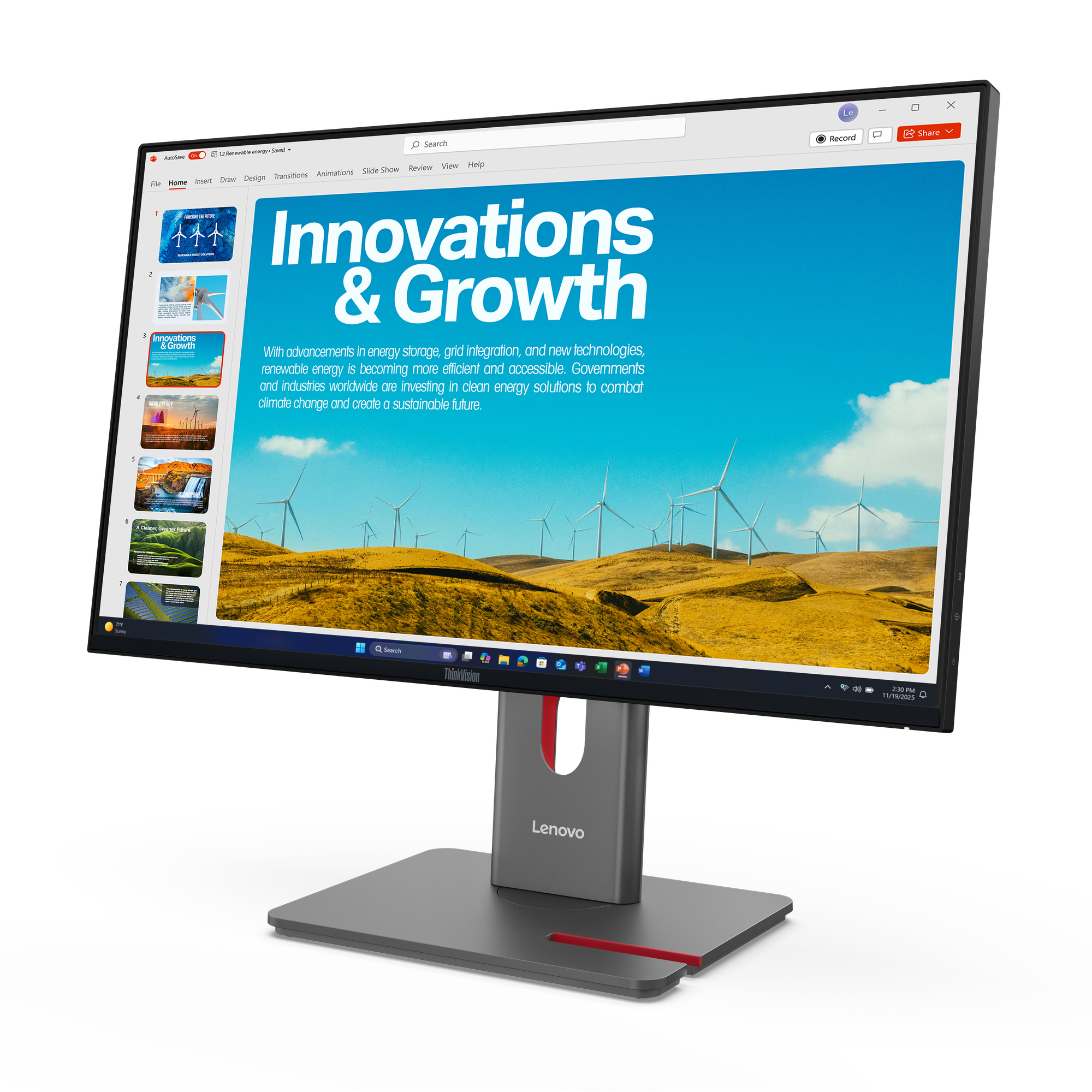 Ein Lenovo-Monitor zeigt eine Präsentation über erneuerbare Energien mit Windkraftanlagen im Hintergrund.