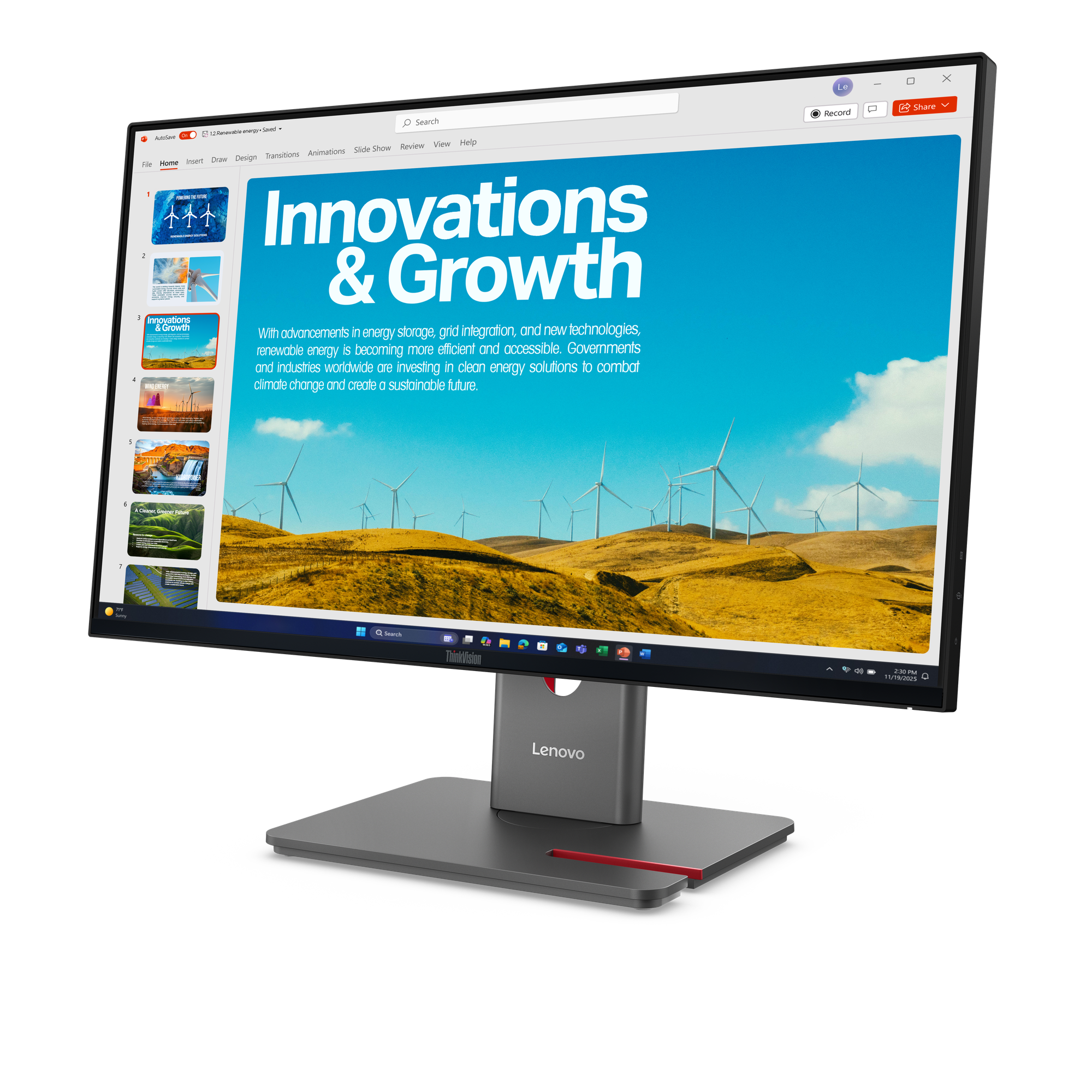 Ein Lenovo-Monitor zeigt eine Präsentation über erneuerbare Energien mit Windturbinen im Hintergrund.