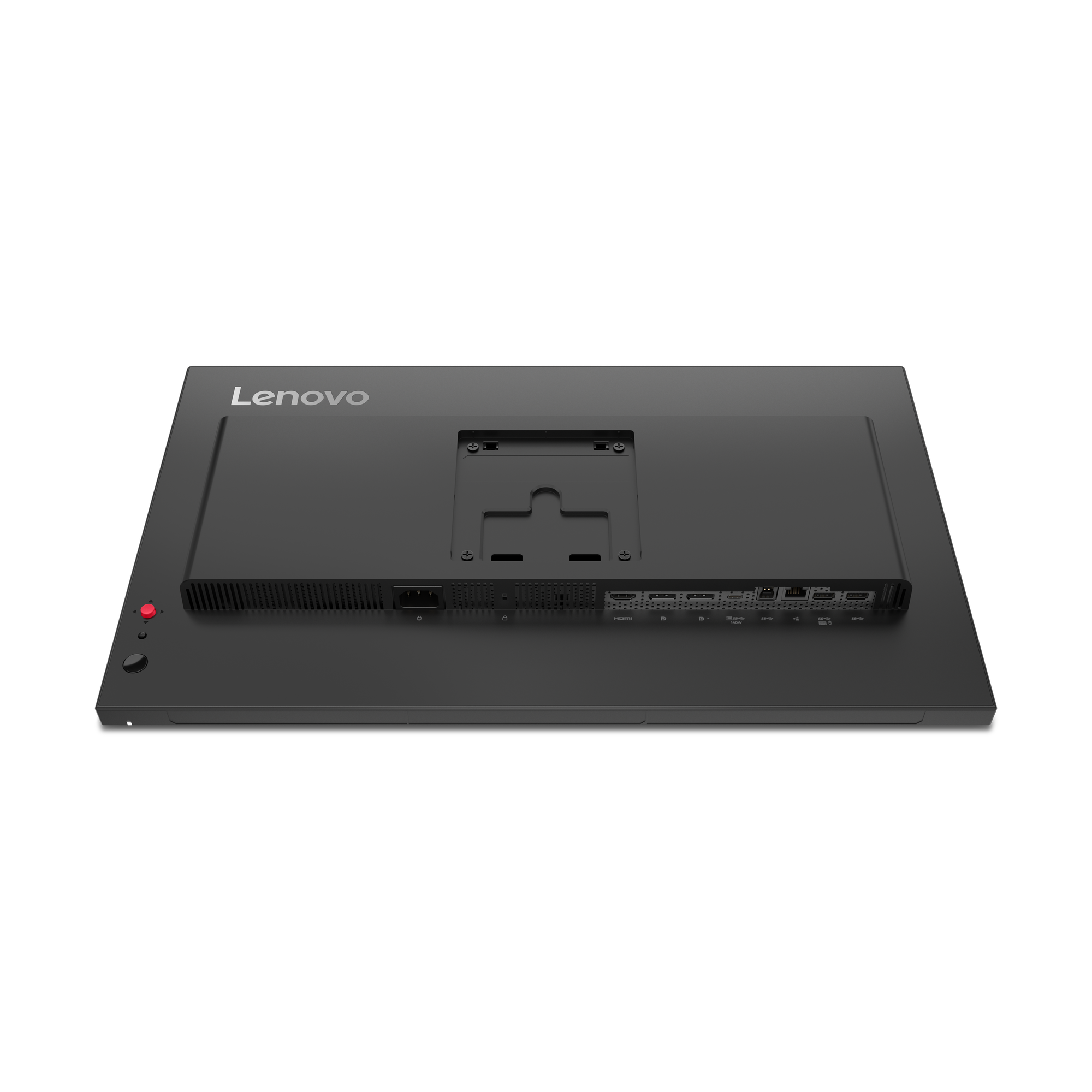 Rückansicht eines schwarzen Lenovo-Monitors. Er hat Anschlüsse, das Lenovo-Logo und einen Stromeingang.