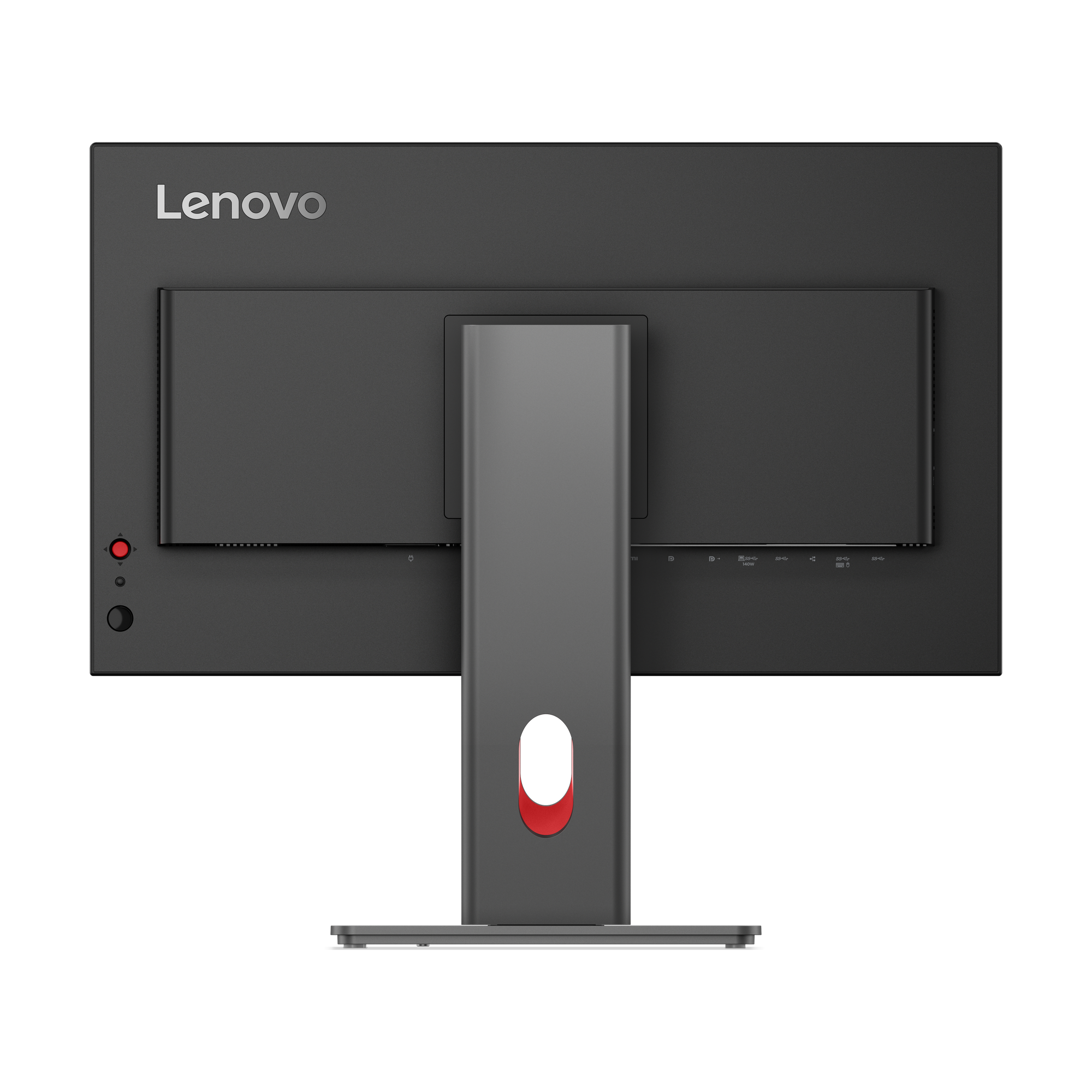 Rückseite eines Lenovo-Monitors. Grau mit roter Akzent. Enthält Anschlüsse und einen Ständer.