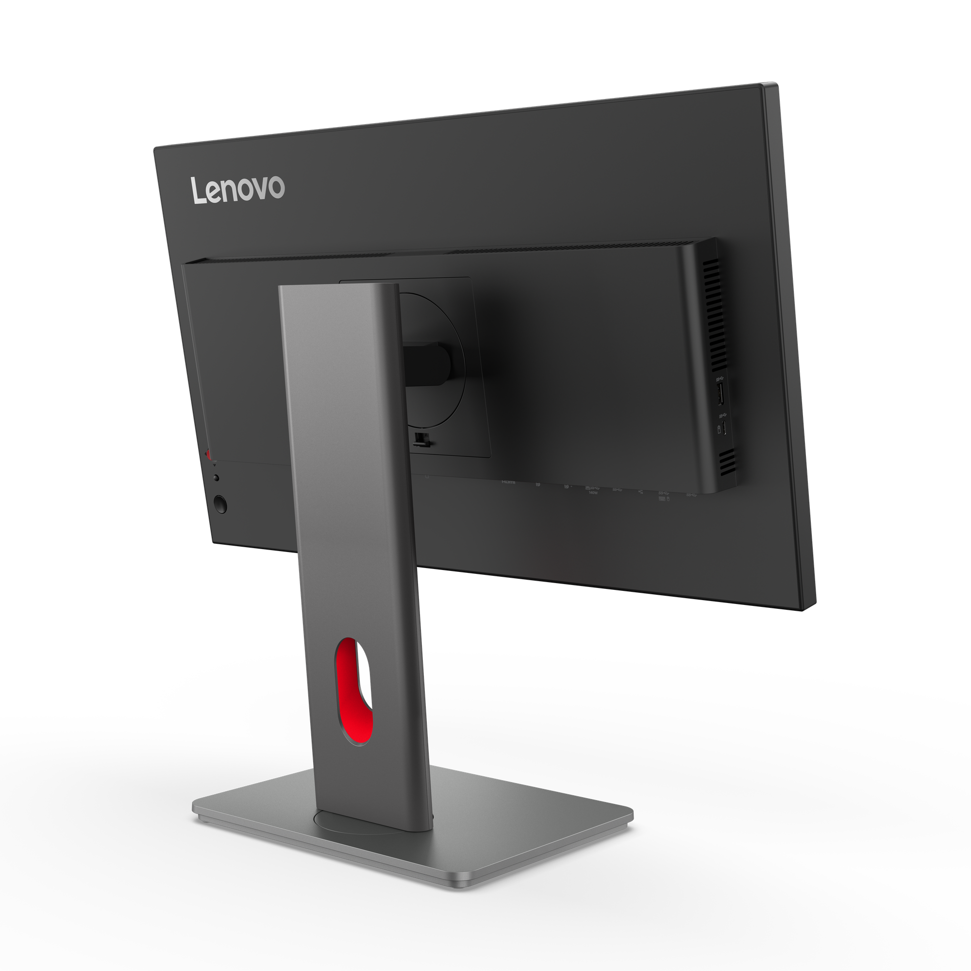 Ein Lenovo-Monitor von hinten. Er hat einen grauen Ständer mit rotem Akzent. Der Bildschirm ist schwarz. Das Lenovo-Logo ist sichtbar.