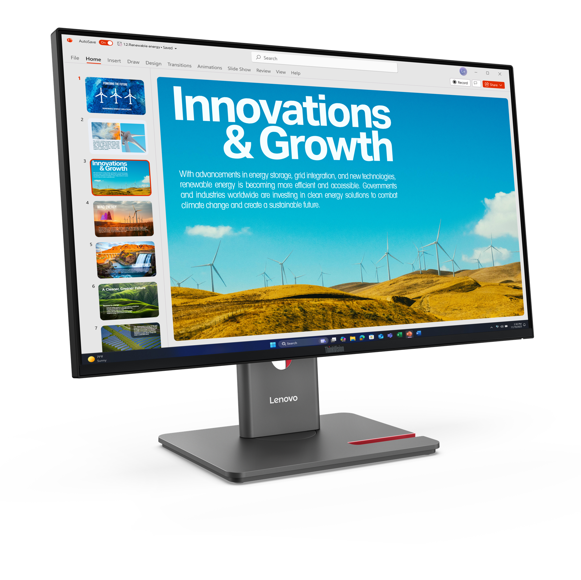 Ein Lenovo-Monitor zeigt eine Präsentation über erneuerbare Energien mit Windturbinen im Hintergrund.