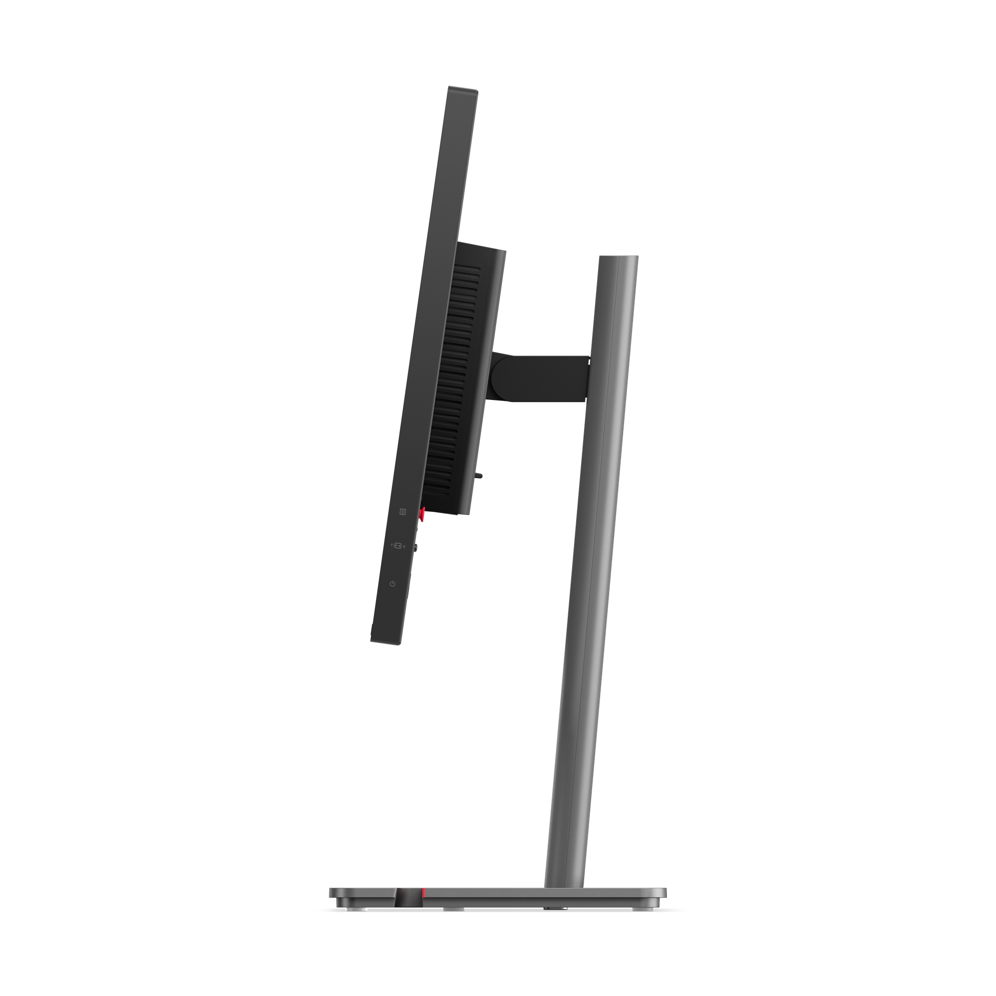 Seitenansicht eines grauen Computermonitors auf schwarzem Hintergrund. Der Monitor wird von einem Ständer getragen.