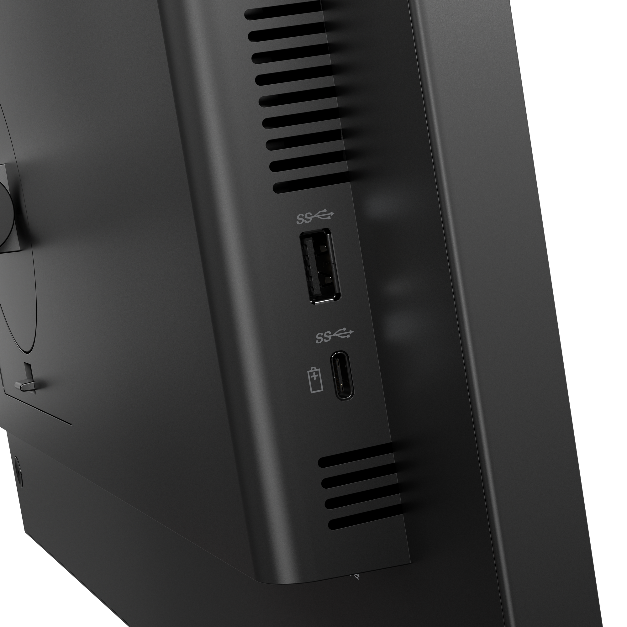 Nahaufnahme der Seite eines schwarzen Computermonitors. Mit USB- und Ladeanschlüssen. Belüftungsschlitze verlaufen an der Seite.