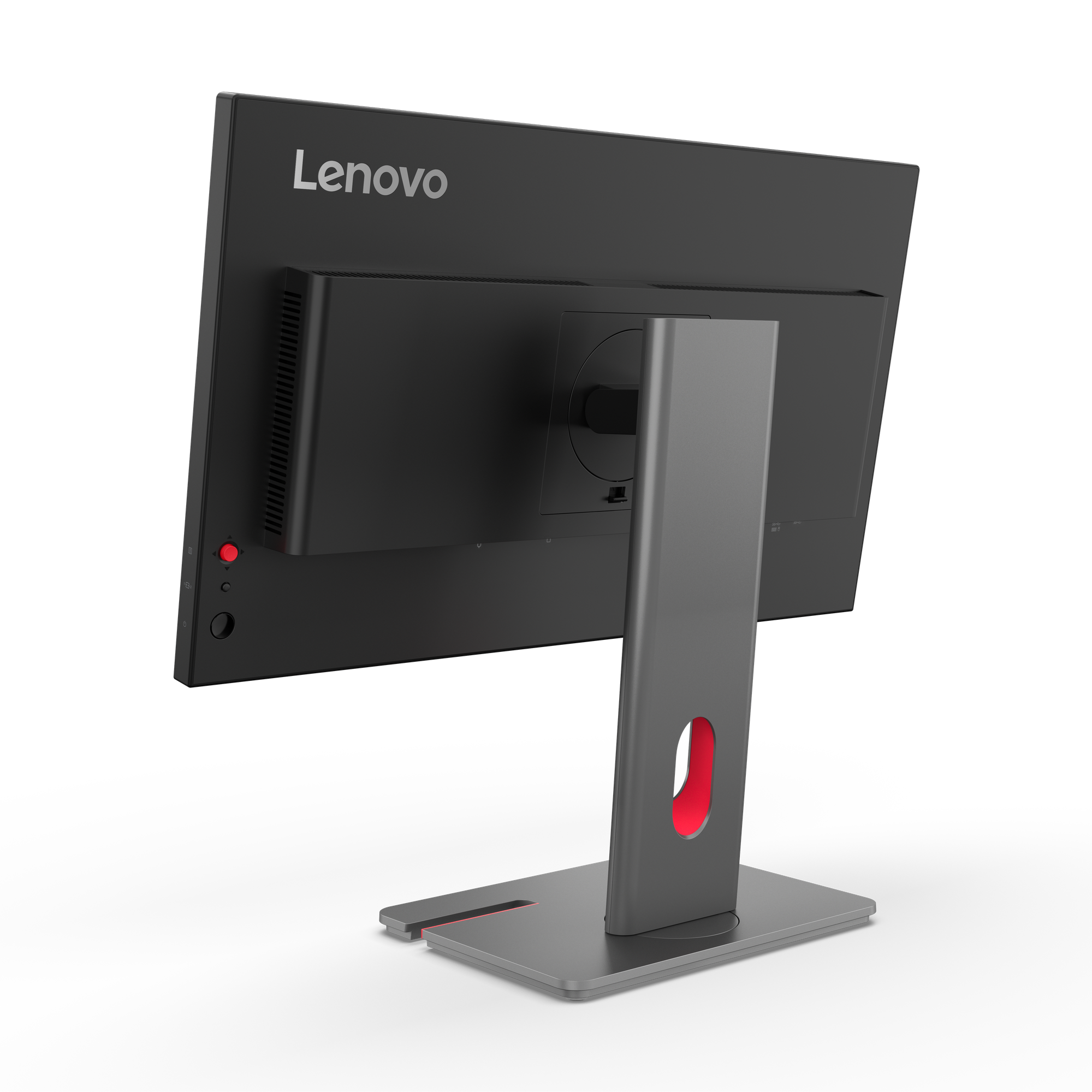 Rückansicht eines schwarzen Lenovo-Monitors mit grauem Ständer und roten Akzenten, vor schwarzem Hintergrund.