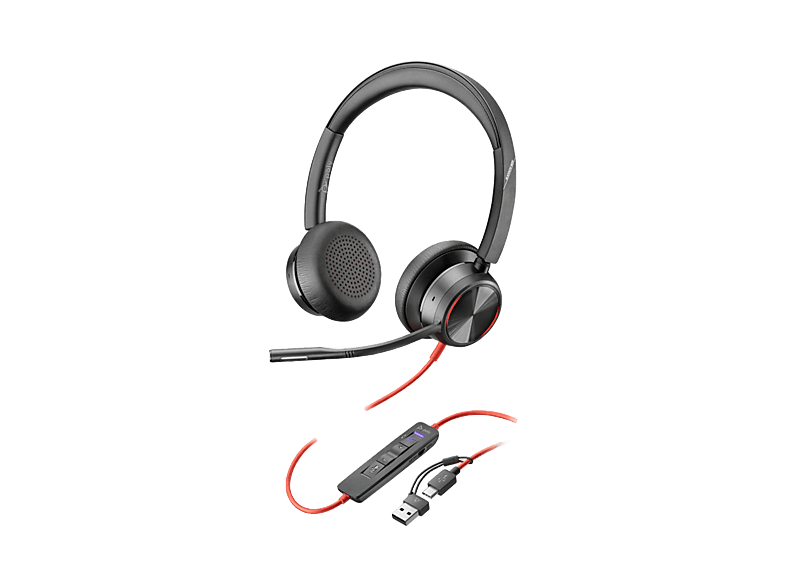 Auriculares de oficina – Poly Blackwire 8225 USB-C + Adaptador USB-C/A, Binaurales, Diadema, Certificación Microsoft Teams, Negro