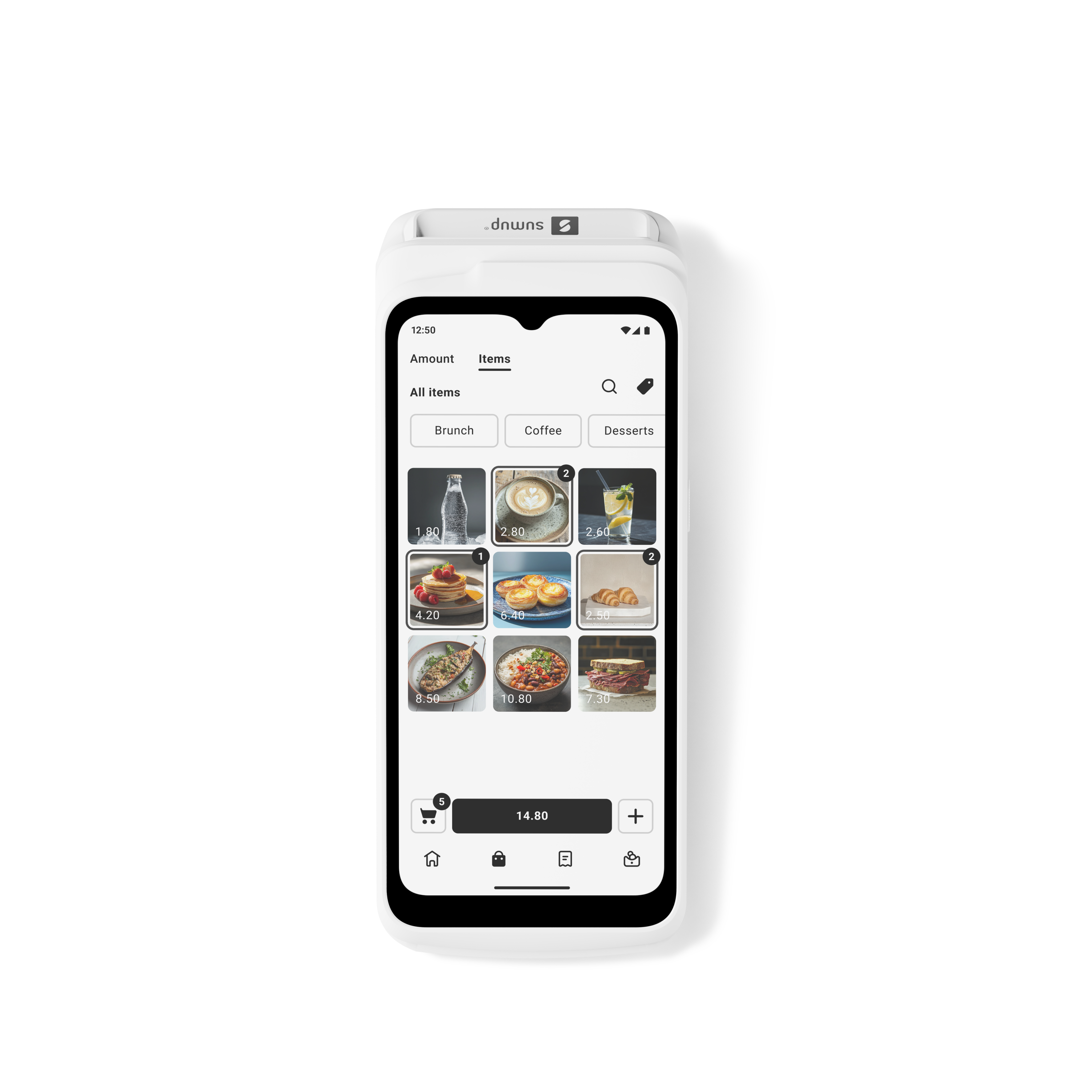 Ein Smartphone mit einer Essensbestell-App. Brunch, Kaffee und Desserts sind wählbar. Verschiedene Speisen werden angezeigt.