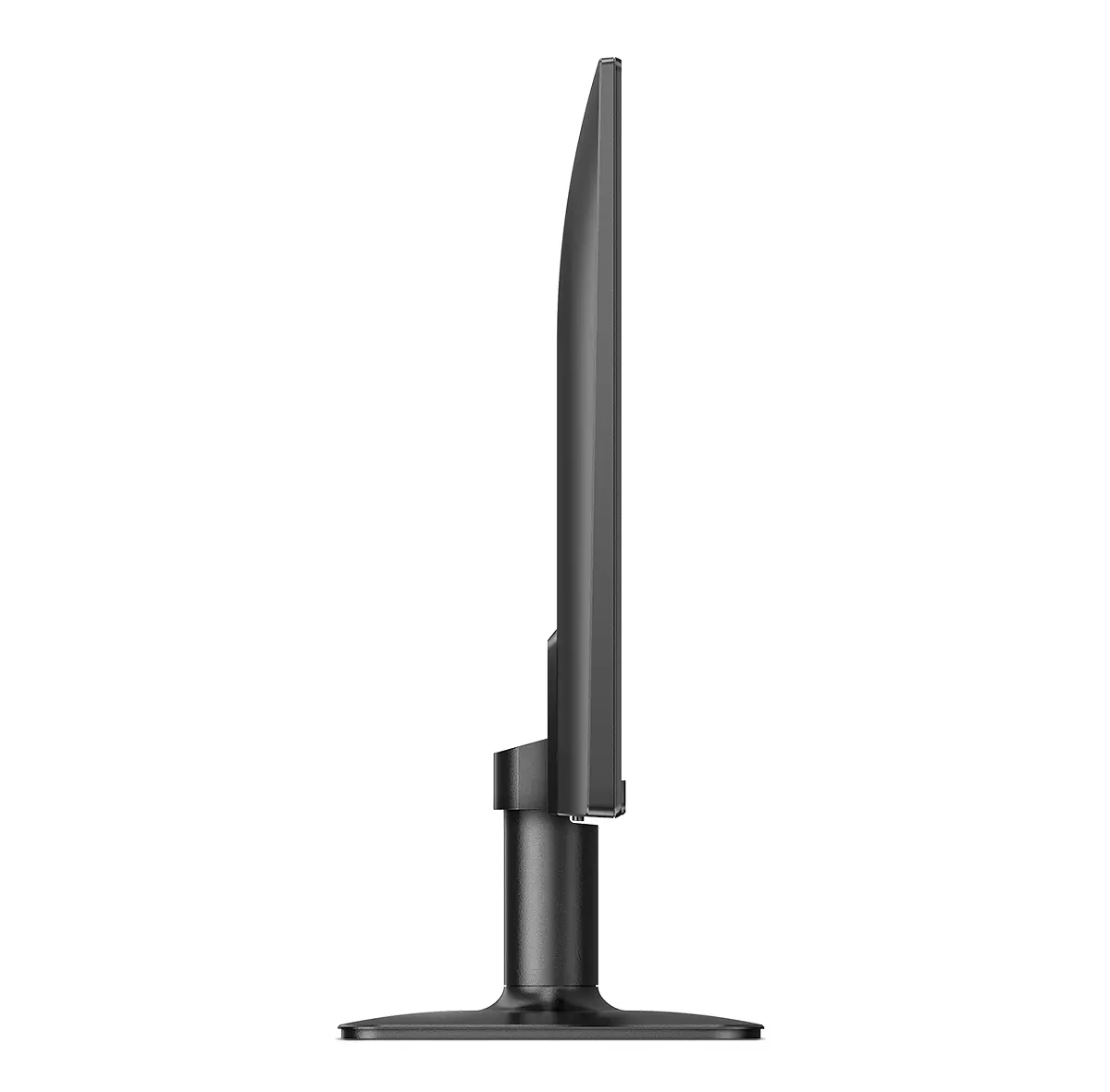 Seitenansicht eines schwarzen Computermonitors. Der Monitor ist auf einem schwarzen Ständer montiert, mit weißem Hintergrund.
