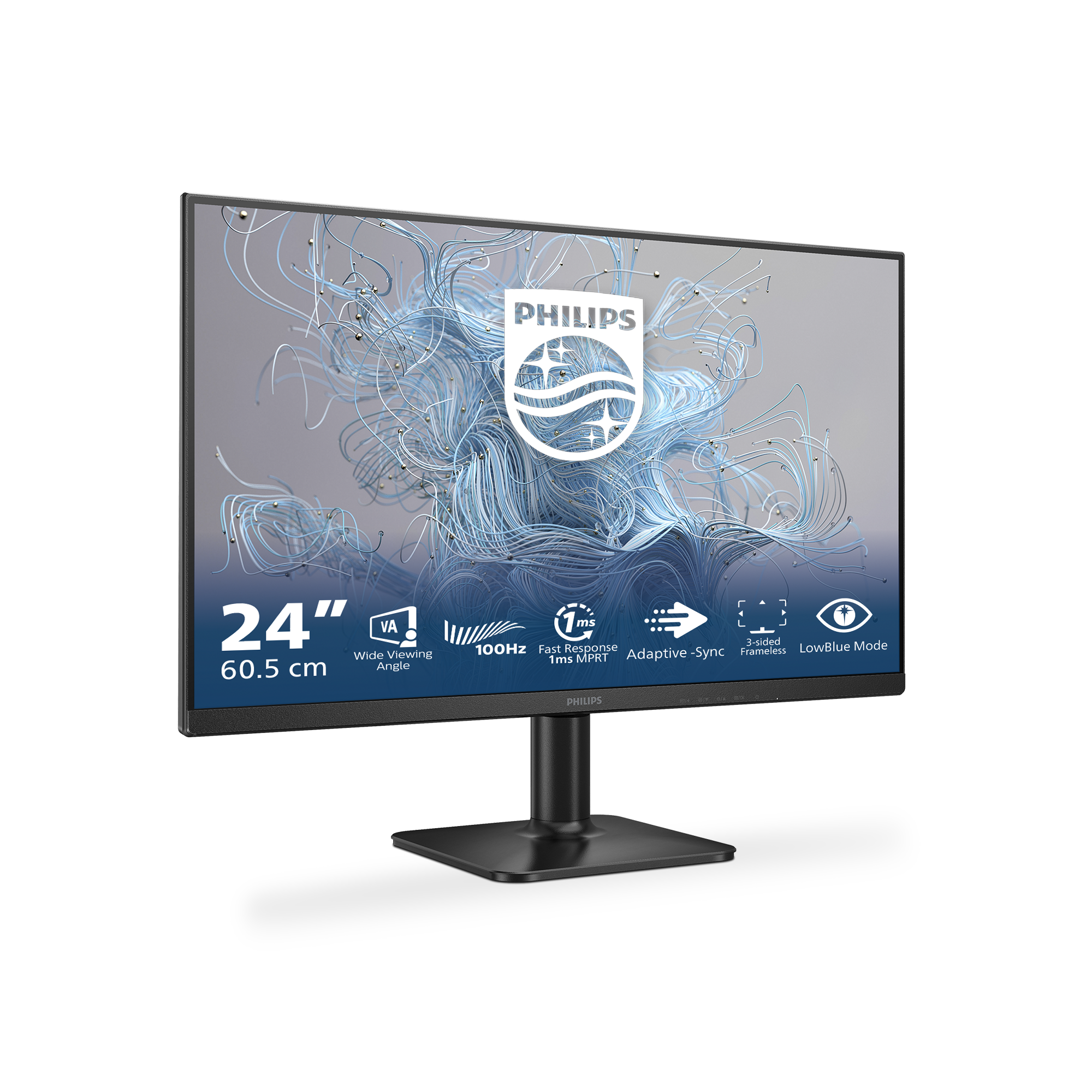 Ein 24-Zoll-Monitor von Philips, schwarzer Rahmen, schwarzer Standfuß, mit Philips-Logo und Spezifikationen.