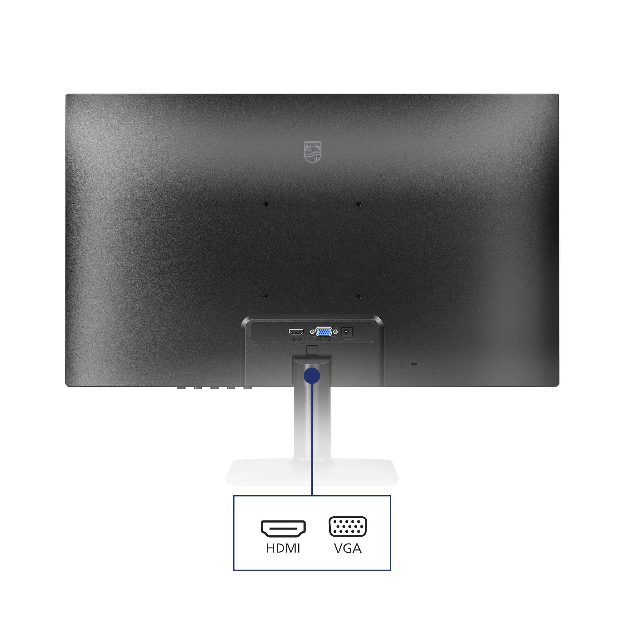 Die Rückseite eines schwarzen Computermonitors mit HDMI- und VGA-Anschlüssen. Ein weißer Ständer stützt den Monitor.