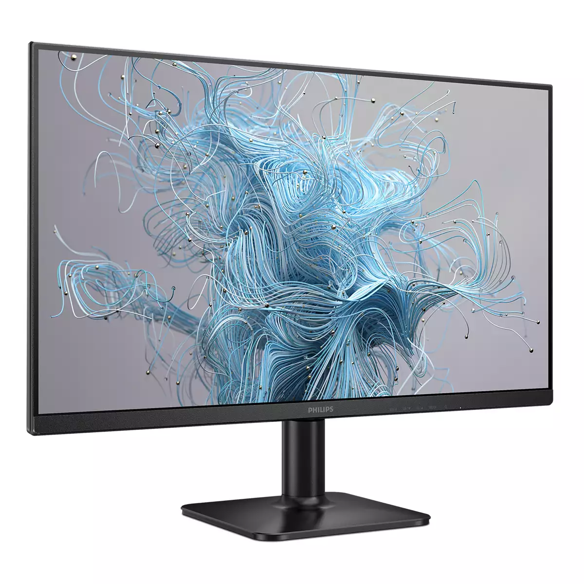 Ein Philips-Monitor zeigt abstrakte blaue und weiße Linien. Der Monitor ist schwarz mit einem schwarzen Ständer auf weißem Hintergrund.