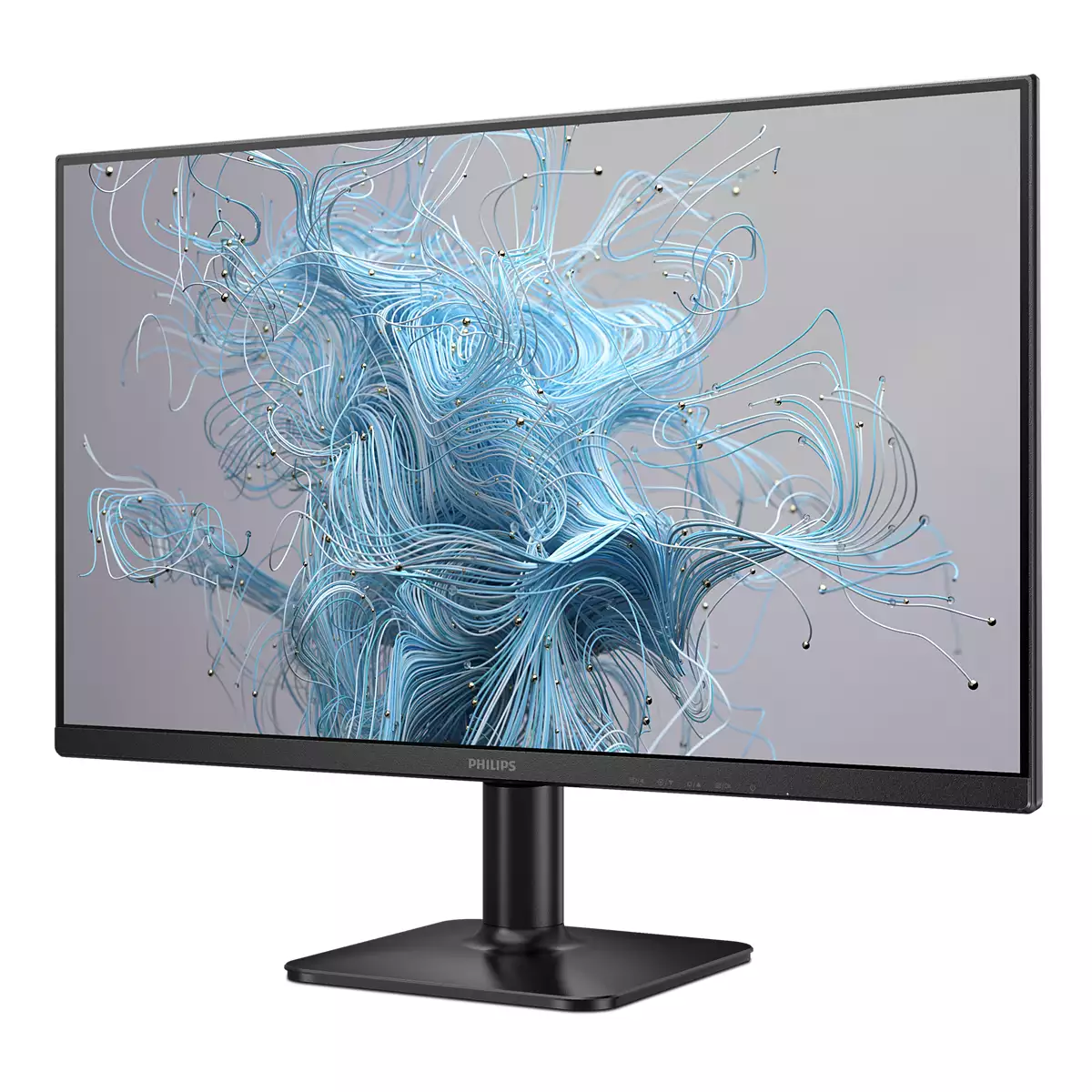 Ein schwarzer Philips-Monitor zeigt ein blaues, abstraktes Wirbelmuster auf grauem Hintergrund. Der Monitor steht auf einem schwarzen Ständer.