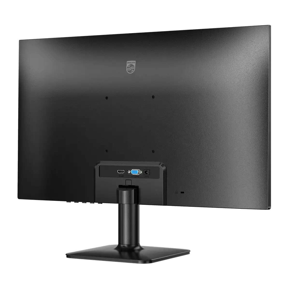 Schwarzer Philips Computermonitor. Rückansicht zeigt Anschlüsse, Ständer und Logo. Der Bildschirm ist schwarz.