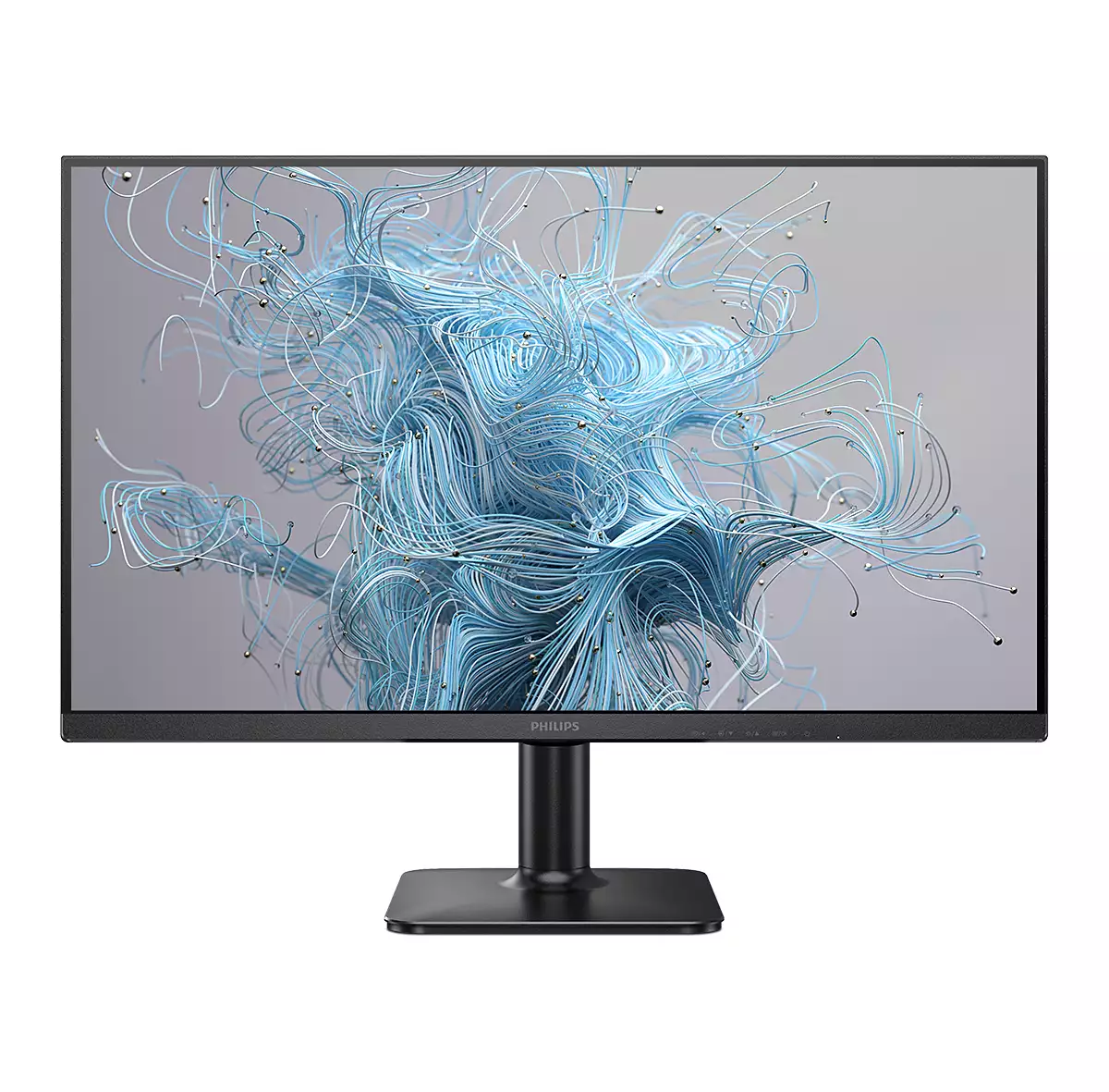 Ein schwarzer Philips-Computermonitor zeigt blaue und weiße abstrakte Kunst. Der Monitor steht auf einem schwarzen Ständer vor grauem Hintergrund.