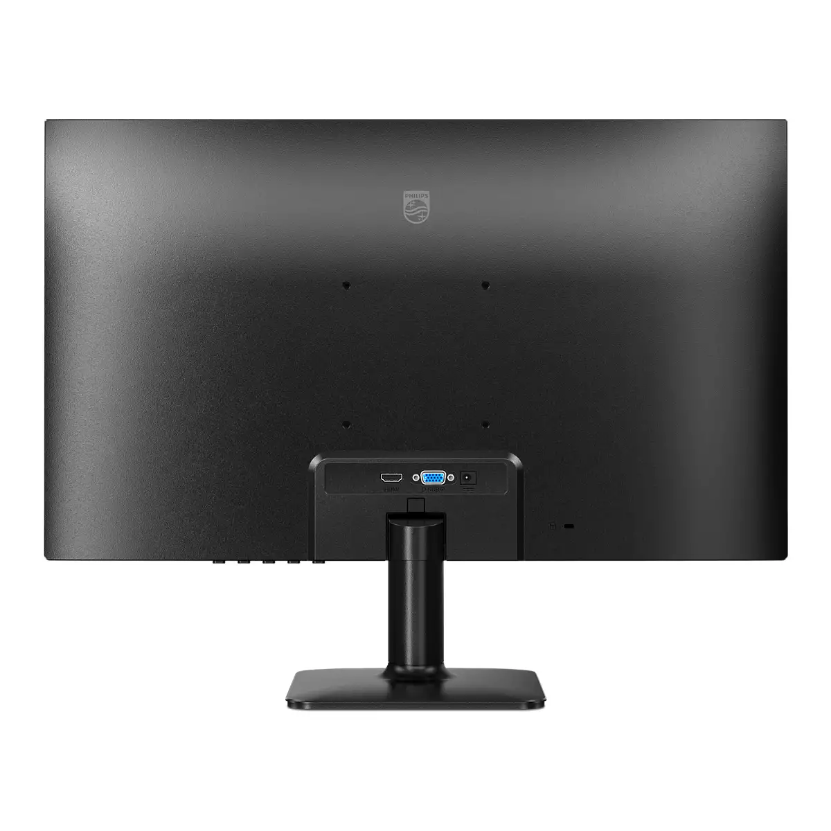 Rückansicht eines schwarzen Philips-Monitors. Er hat mehrere Anschlüsse, einen Ständer und das Philips-Logo.