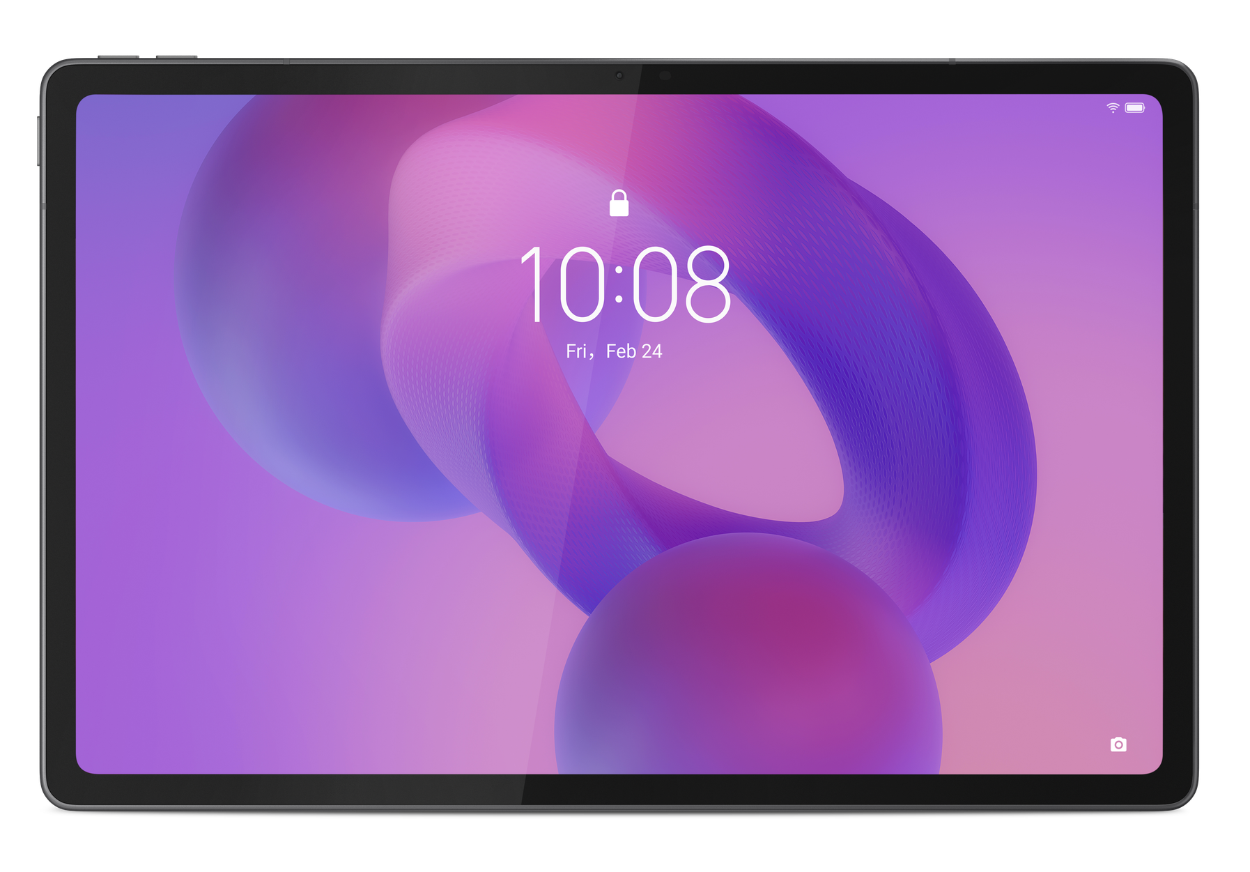 Ekran tabletu wyświetla ekran blokady z godziną 10:08 i datą, z fioletowym i różowym abstrakcyjnym tłem.